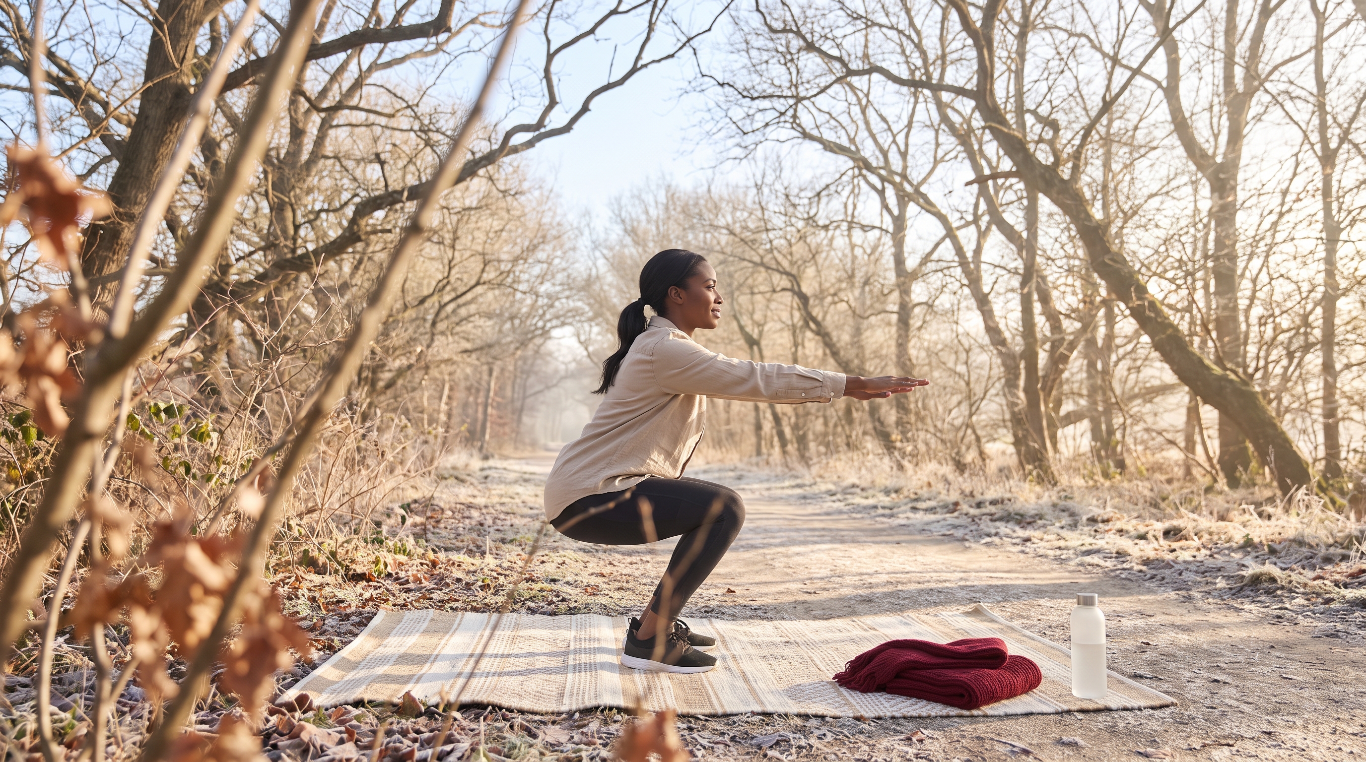 woman doing bodyweight squats on living room rug