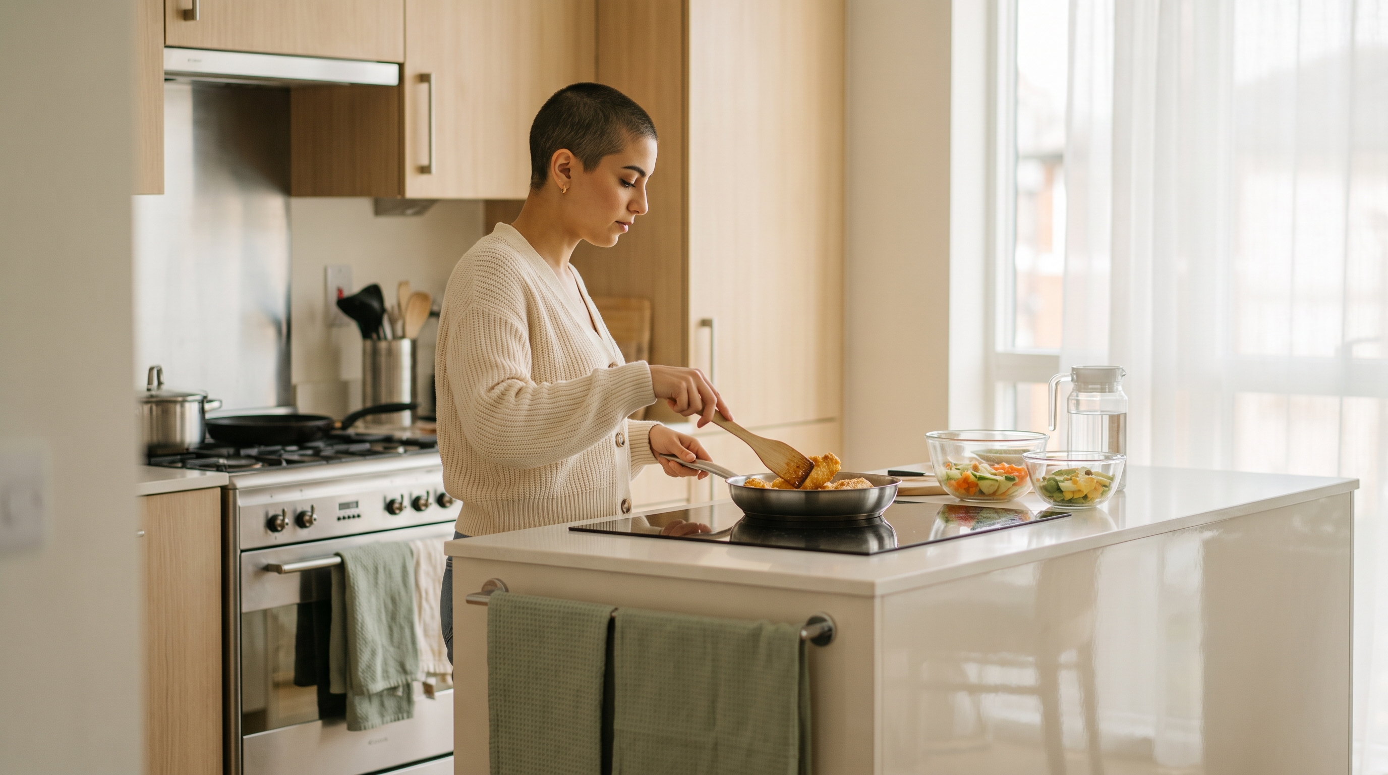 A woman in her late 20s eating crispy air-fried chicken with roasted vegetables at a sunny dining table