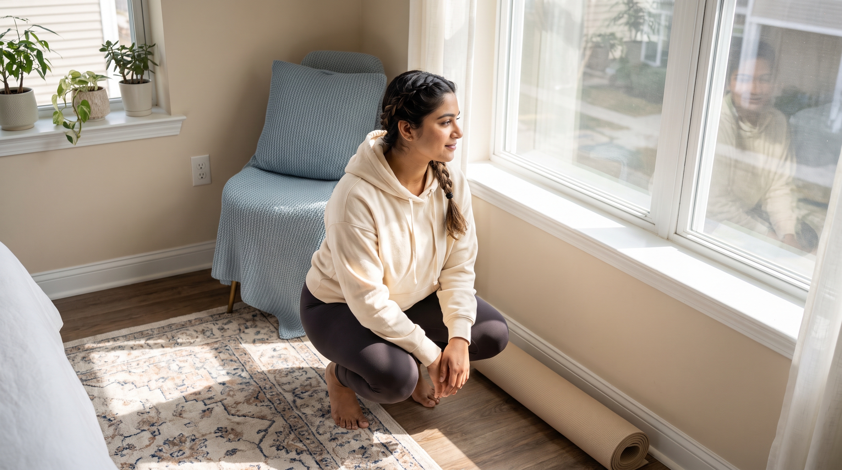 older adult doing bodyweight squats in a living room