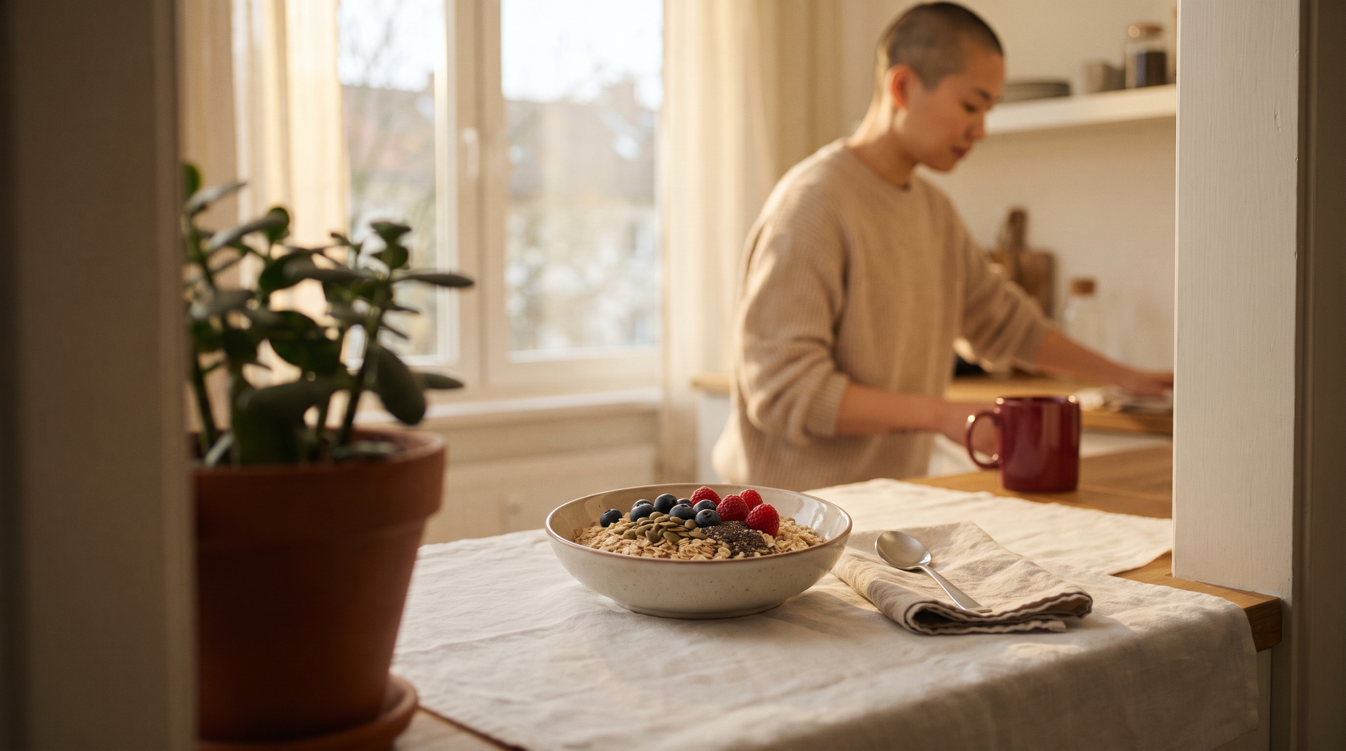 bowl of oats topped with berries and seeds