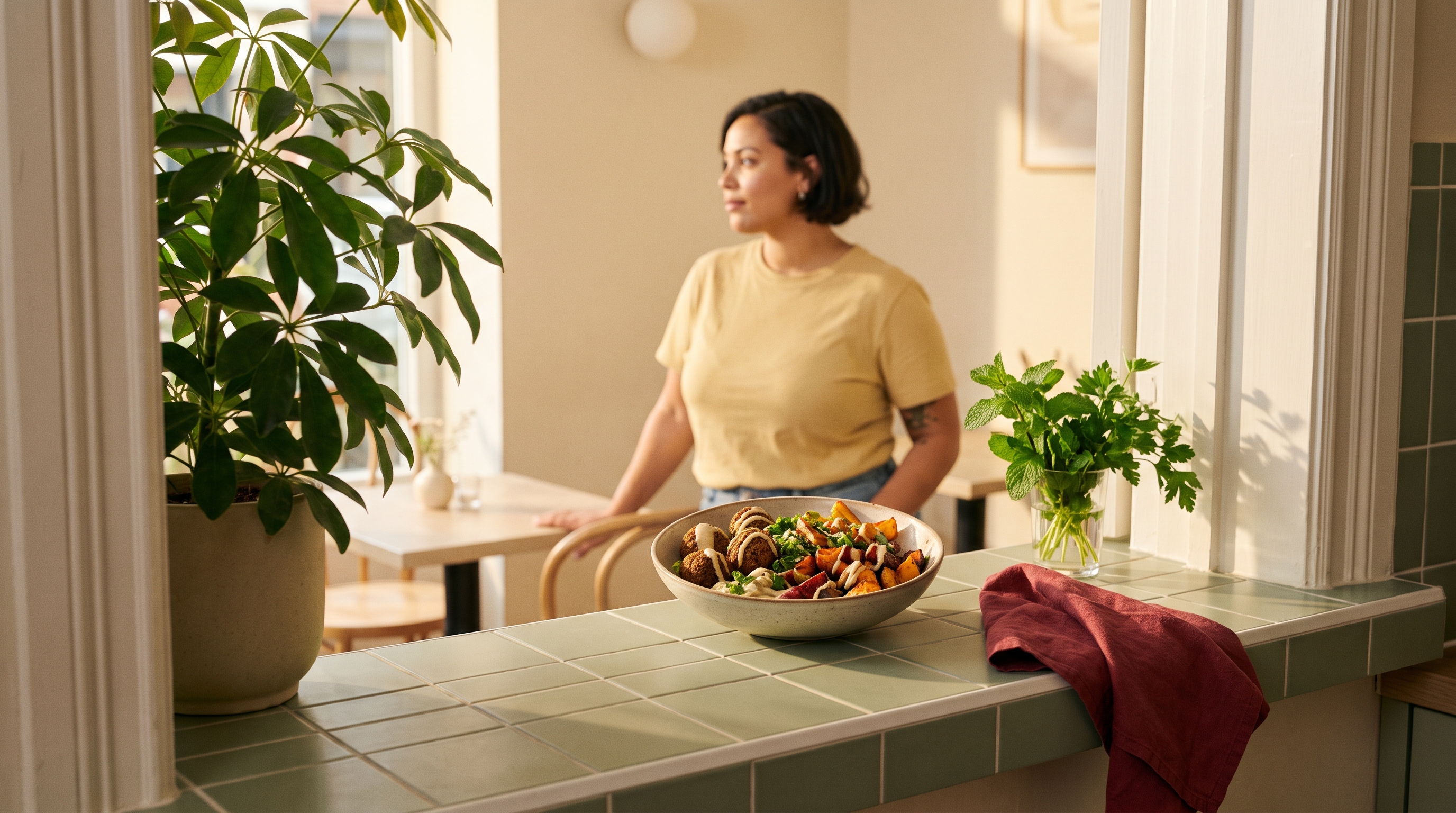 Crispy air-fried chicken with roasted vegetables on a sunny dining table