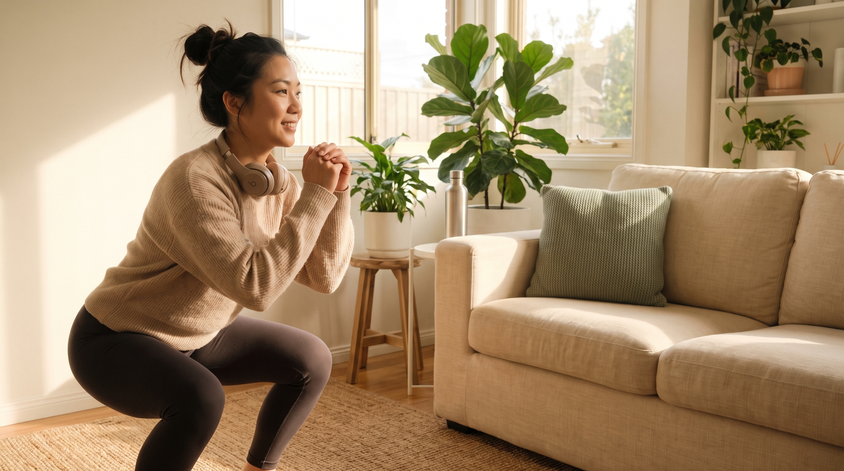 person doing bodyweight squats on a living room rug
