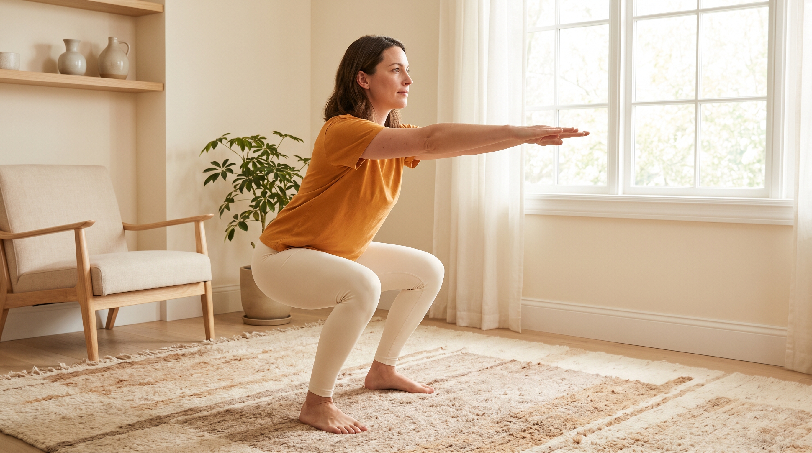 person doing bodyweight squats on living room floor
