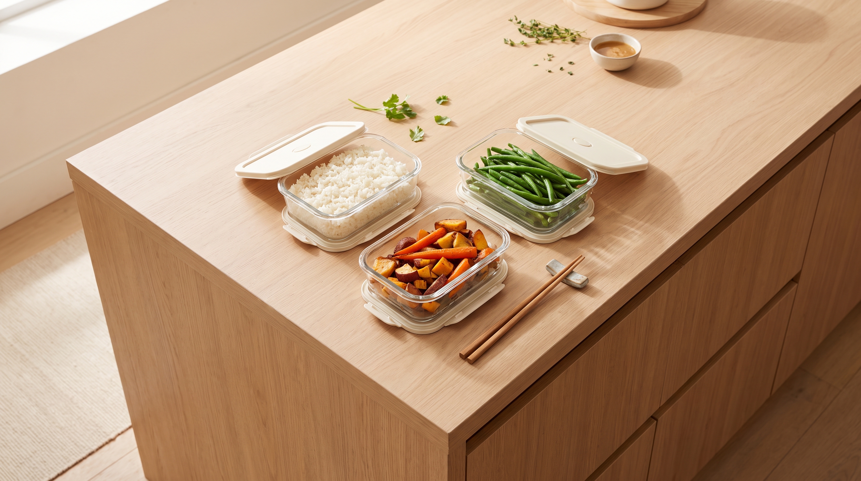containers of rice, vegetables and beans on a kitchen counter