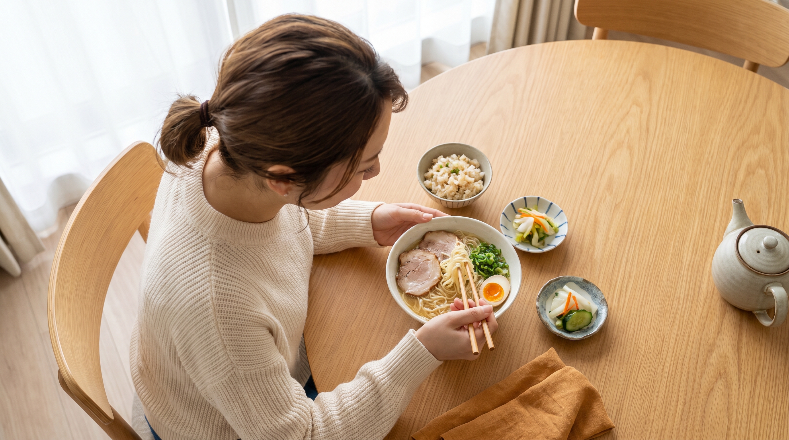 A woman in her 30s eating a steaming ramen bowl with egg and greens at a cozy wooden dining table