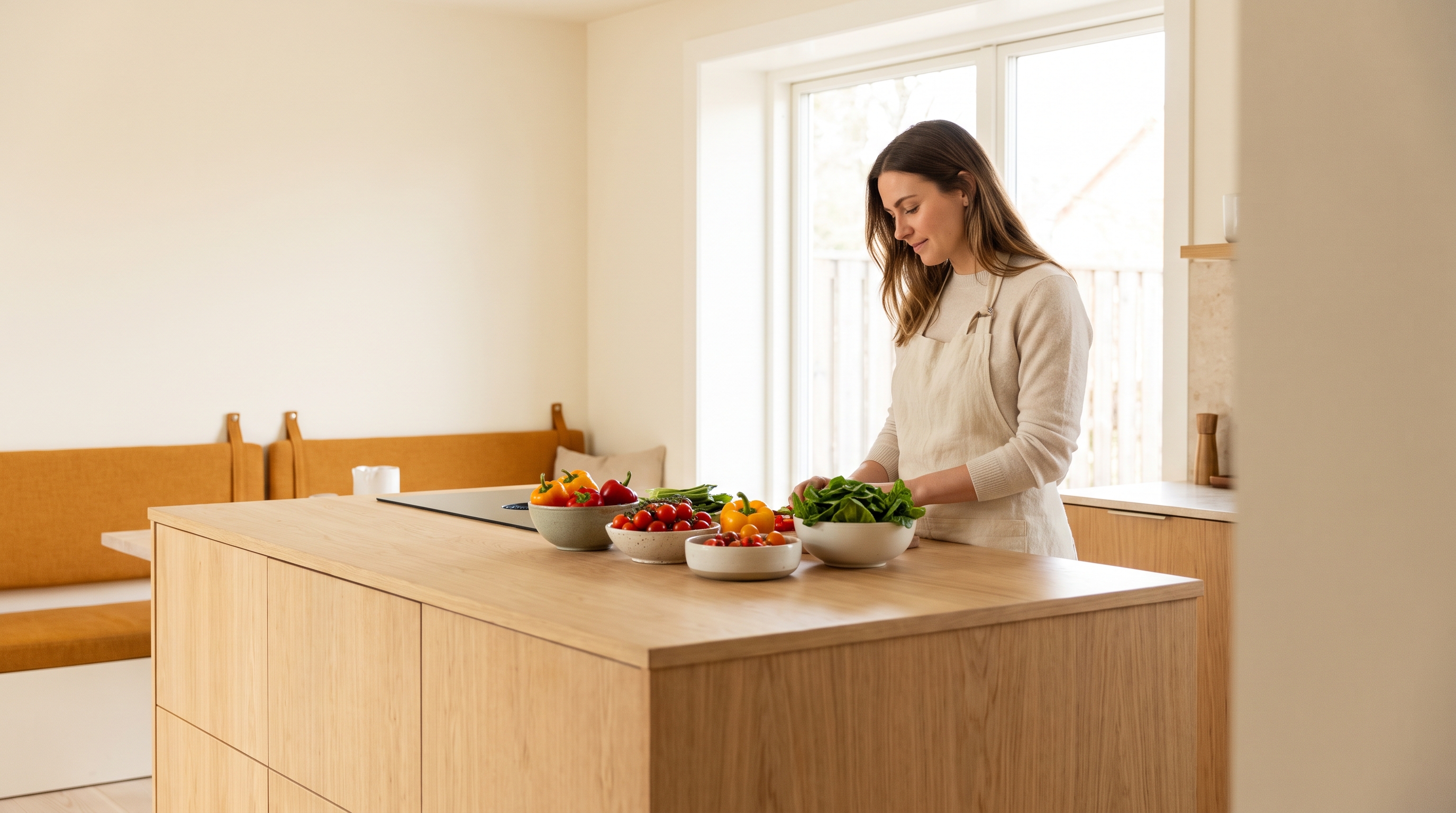 Home cook chopping vegetables on a wooden board in a kitchen