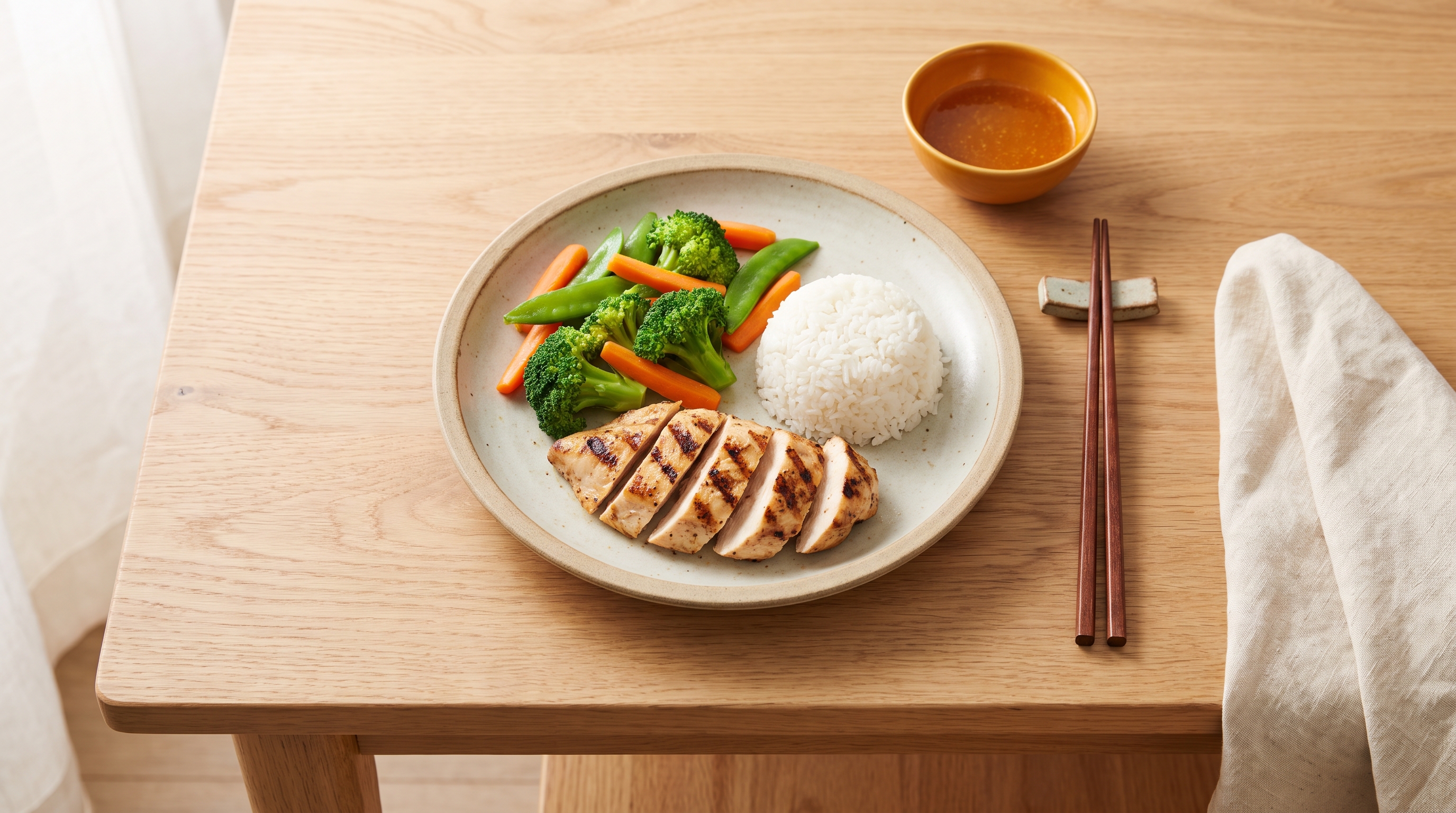 plate of grilled chicken with vegetables and rice at dinner