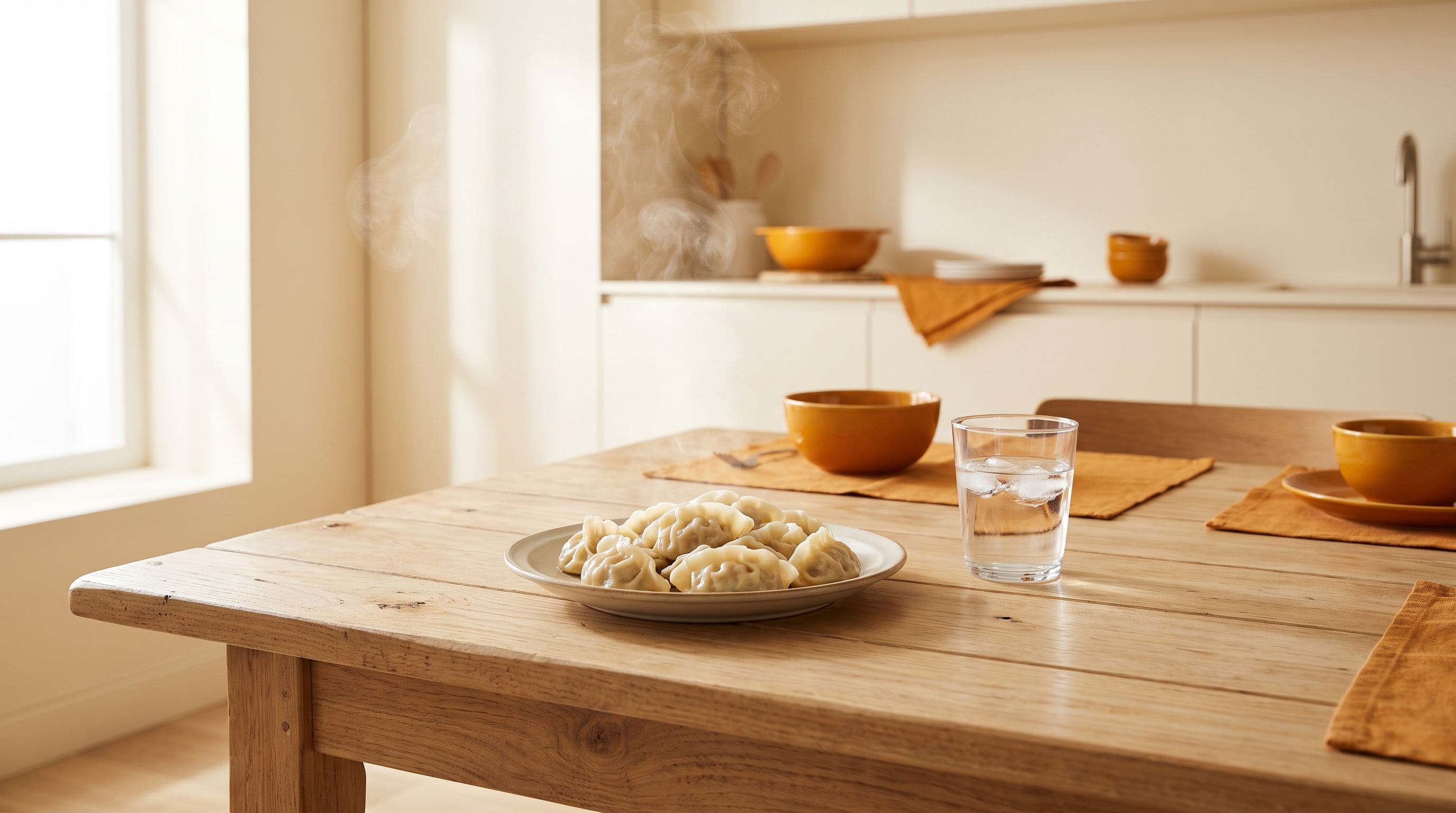 A plate of steamed dumplings on a cozy wooden dining table beside a glass of water