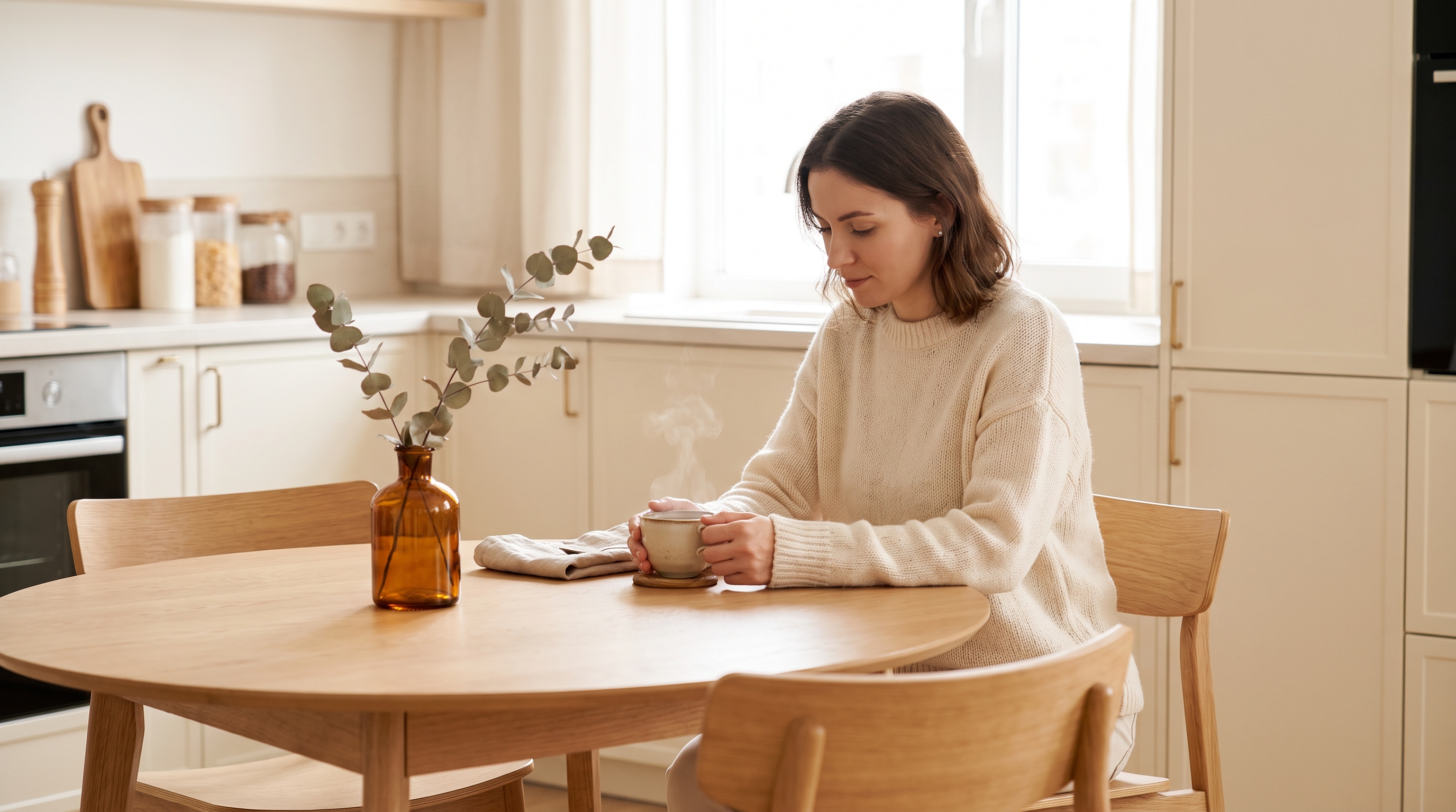 A woman in her 30s sitting at a cozy wooden dining table with a cup of tea