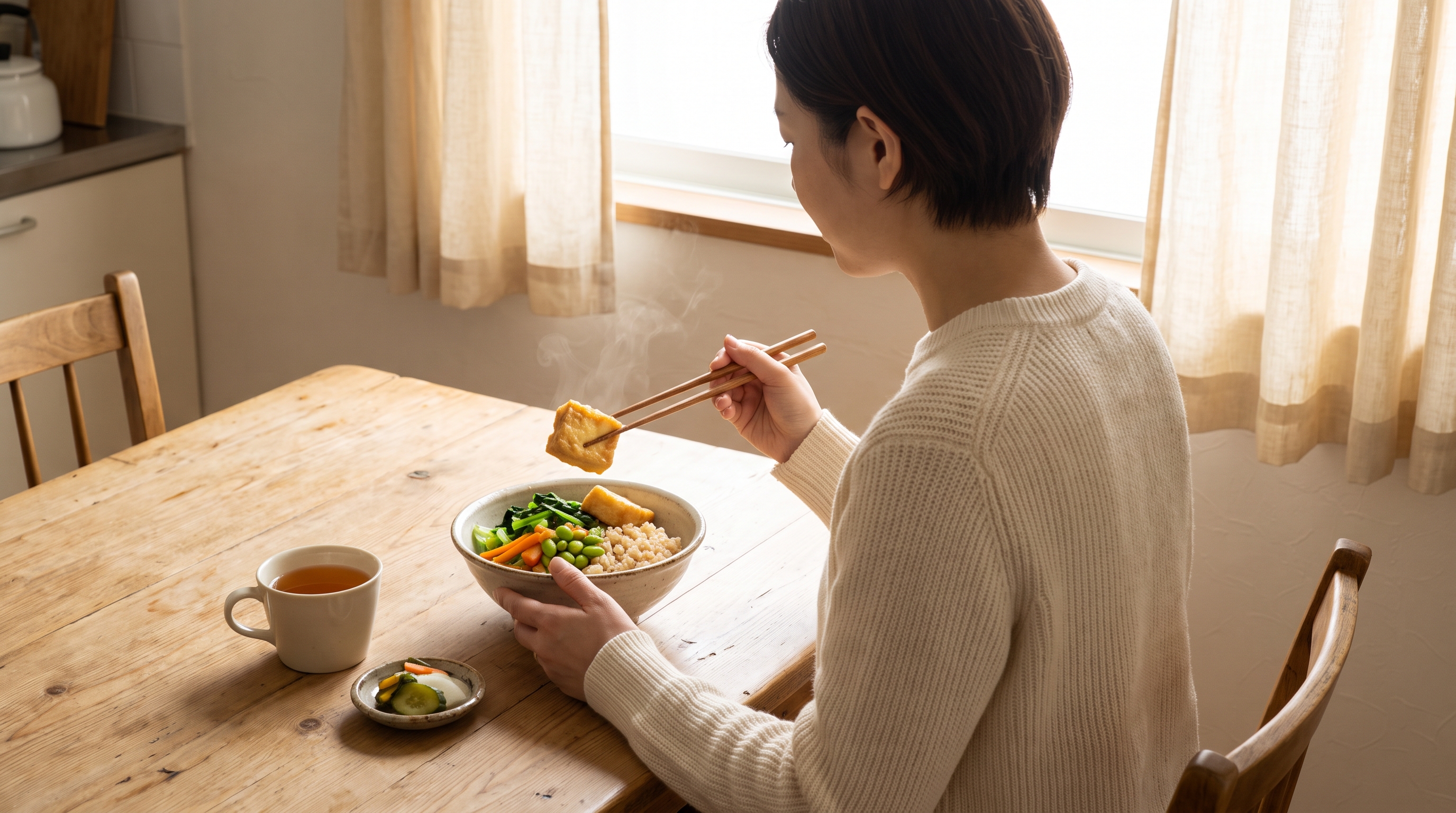 A woman in her 30s enjoying a rice bowl with vegetables and tofu at a cozy wooden dining table
