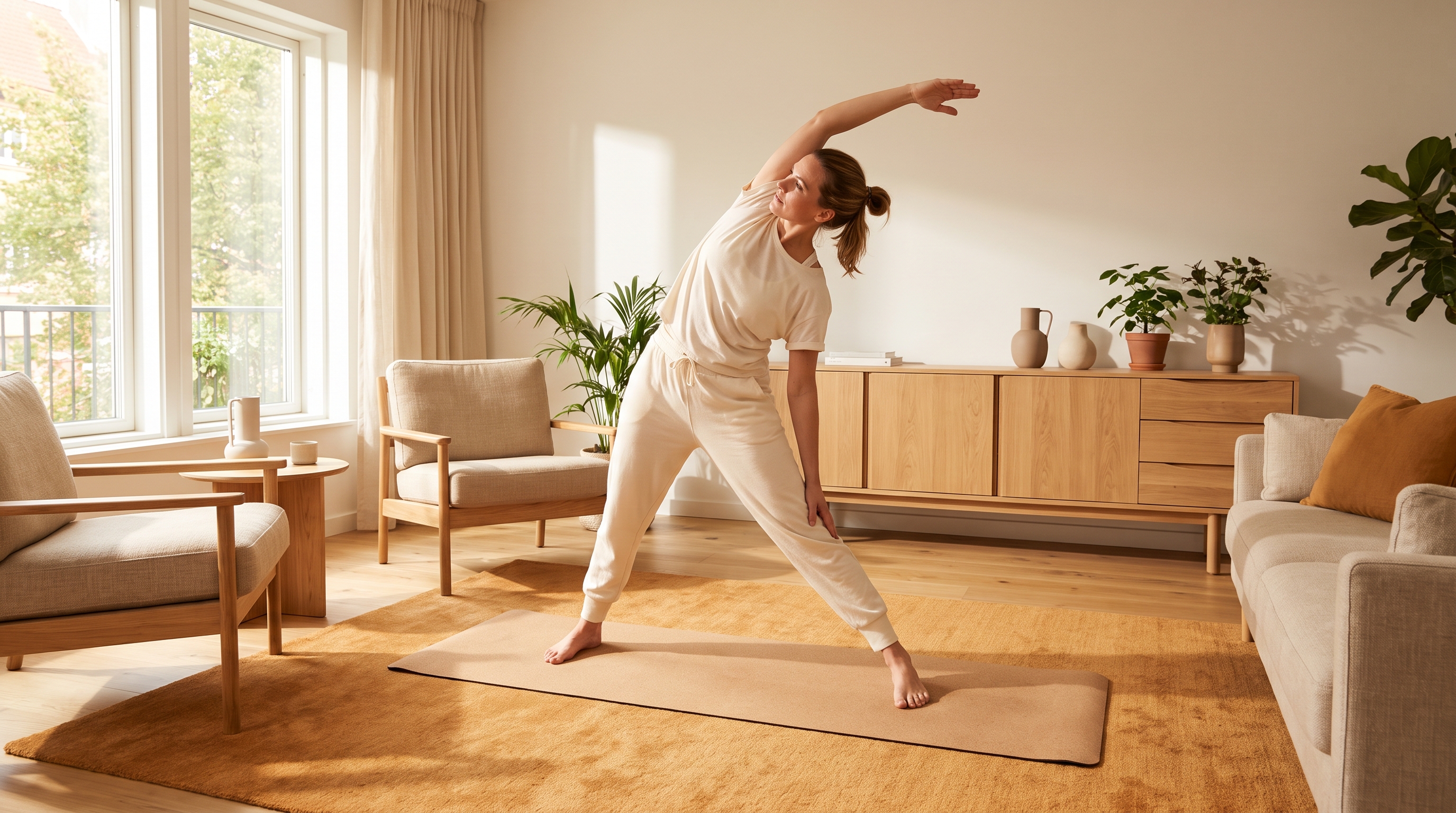 woman doing a standing low impact workout on a yoga mat at home