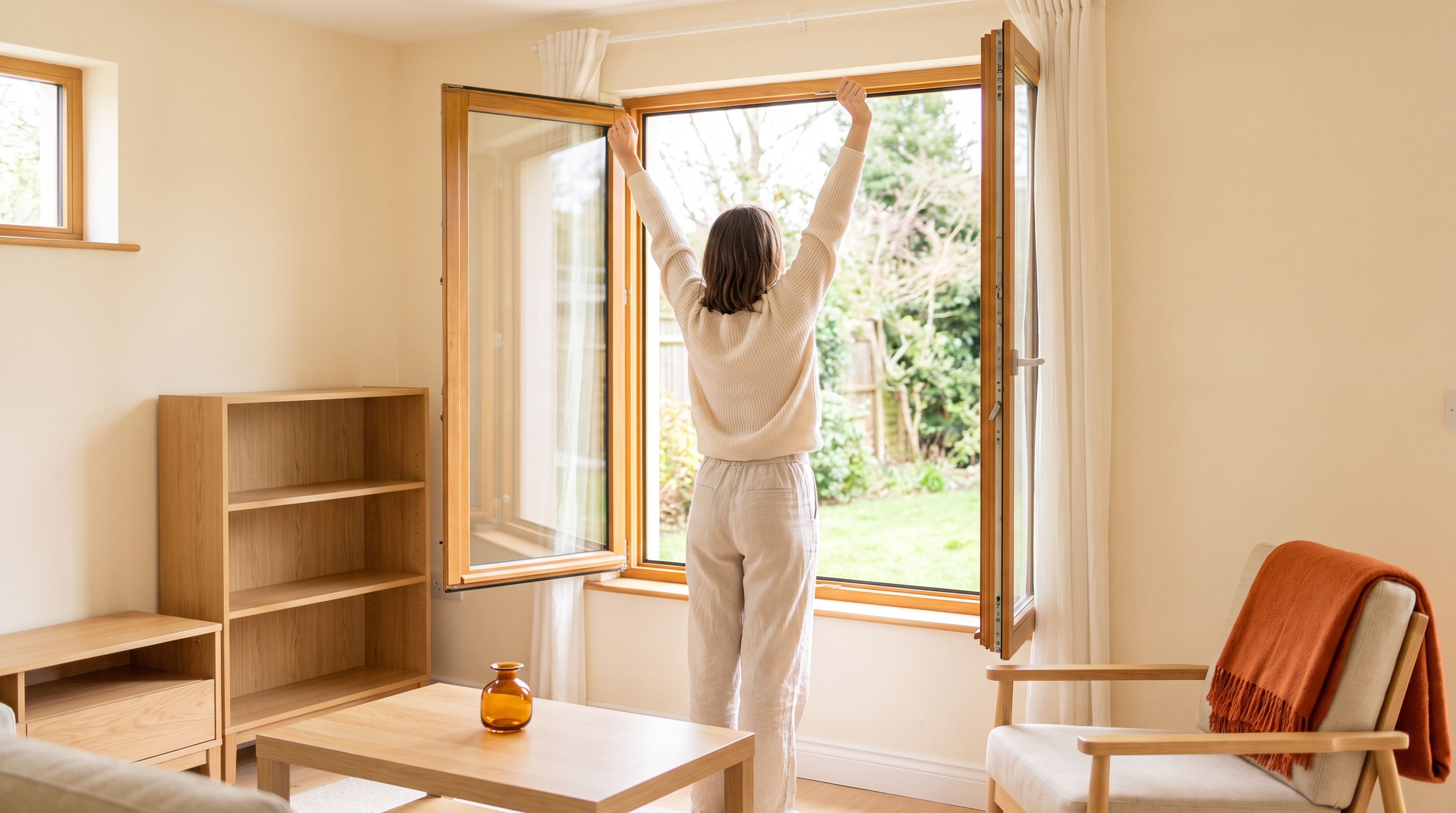woman stretching arms overhead beside an open window