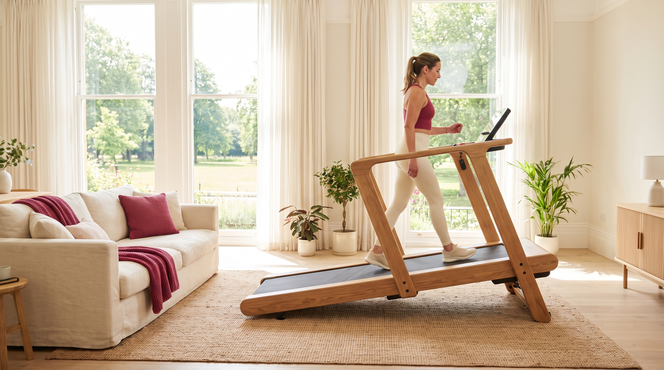 woman walking on an inclined treadmill in a home gym