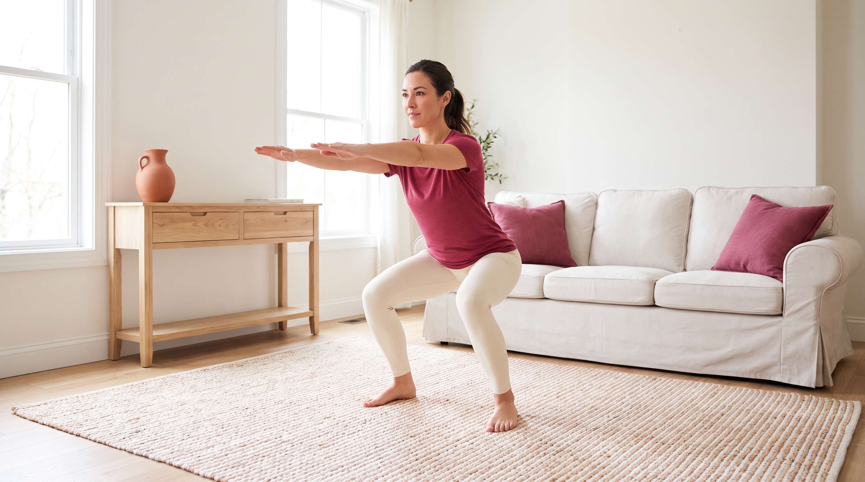 Person doing bodyweight squats on a living room rug