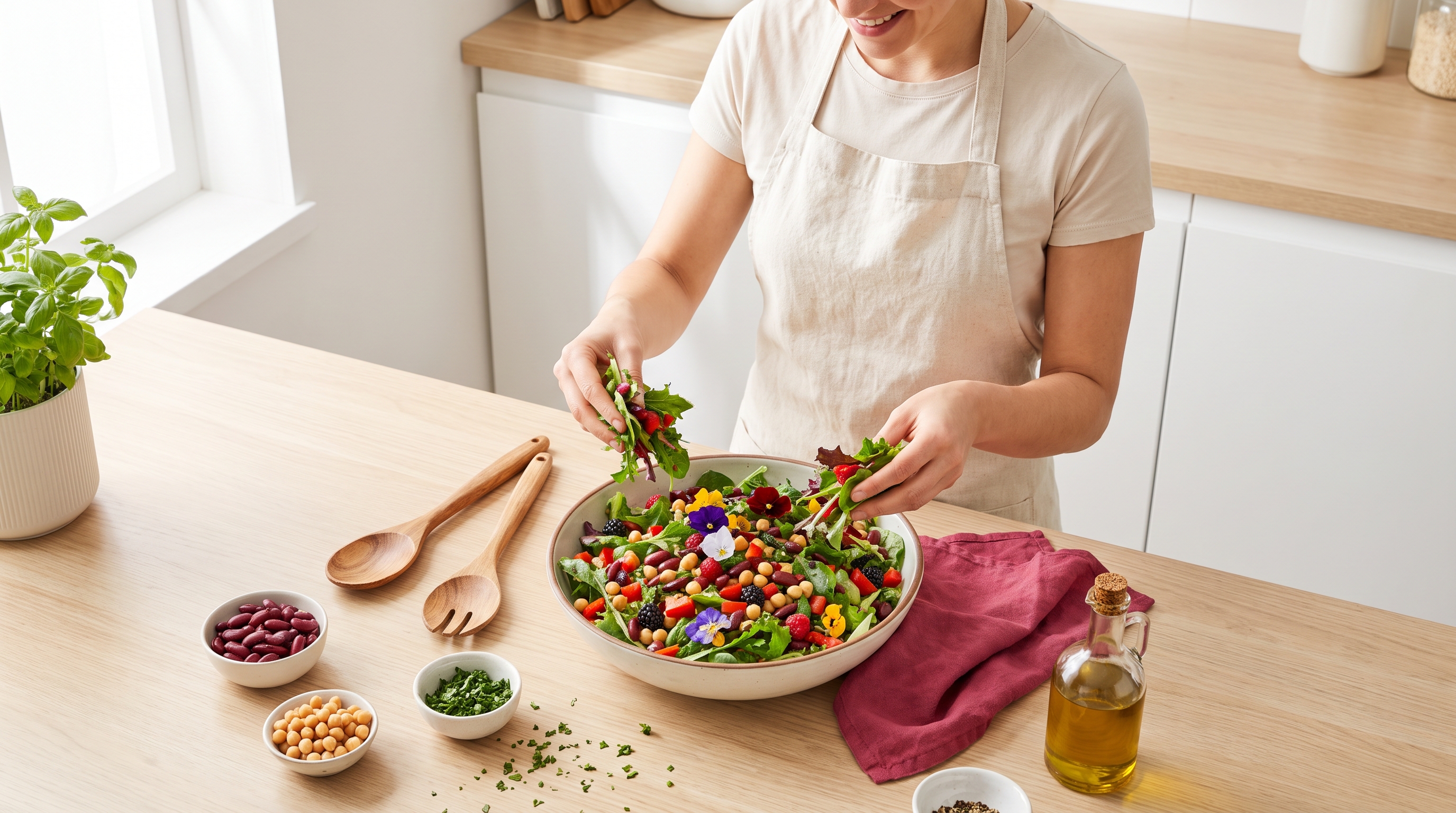A woman in her 30s smiling while cooking a colourful salad with beans and greens in a bright modern kitchen