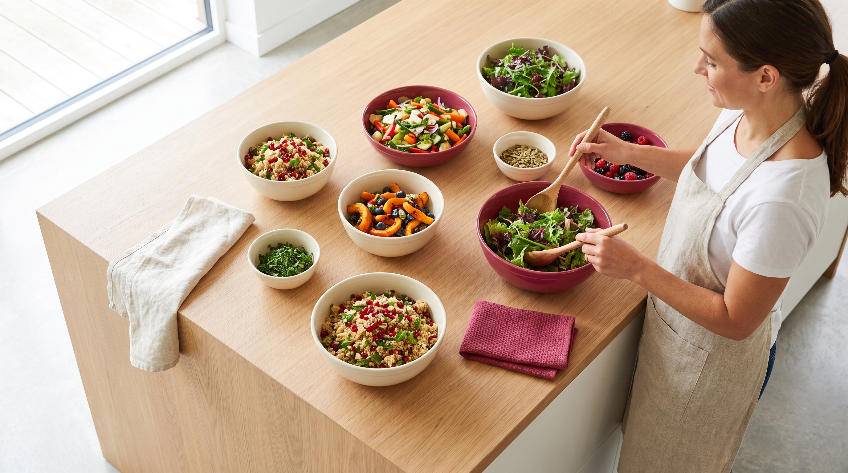 wooden table with fresh vegetables and grains in bowls
