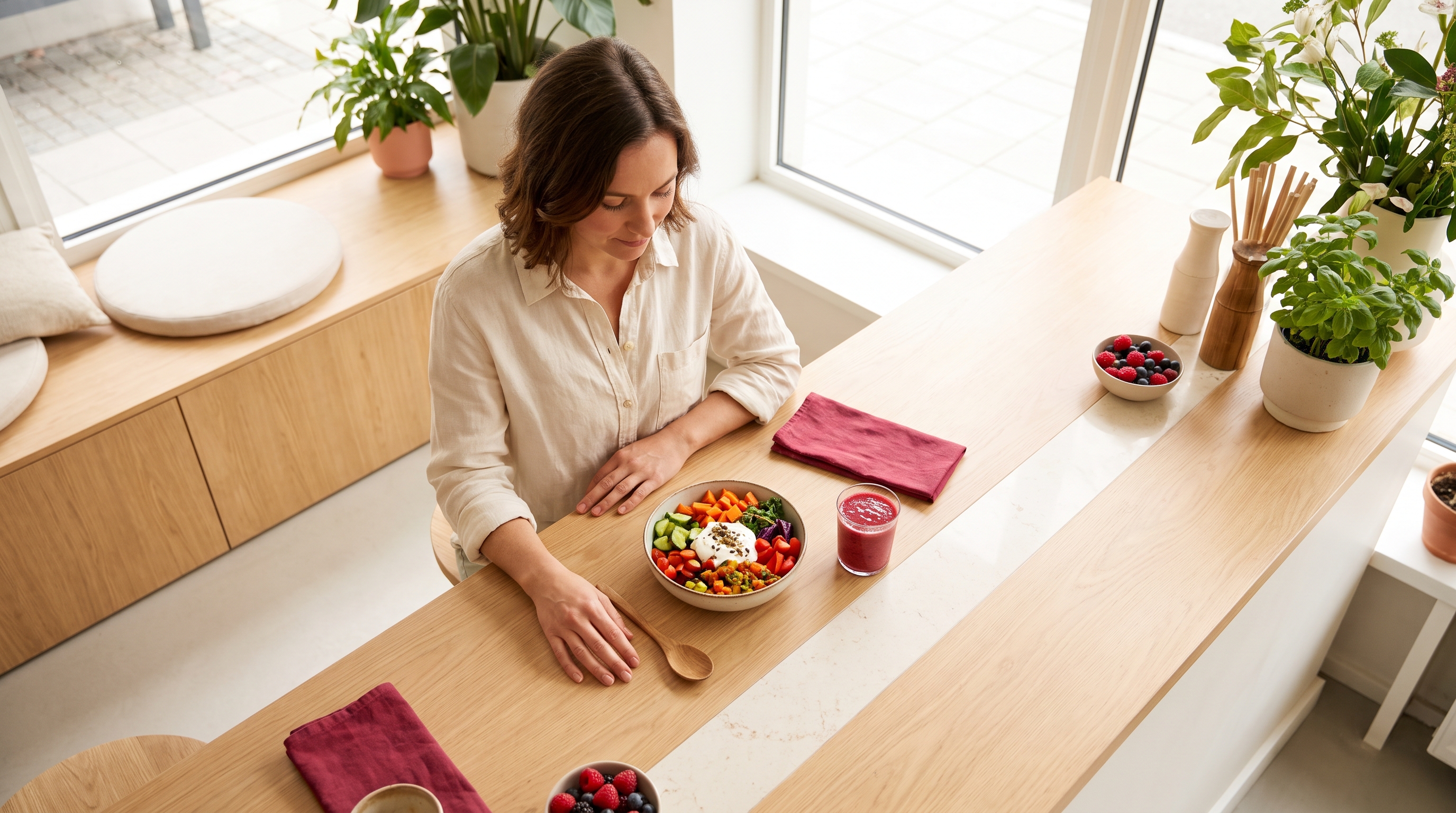 colourful bowl of vegetables, yoghurt and seeds on kitchen table