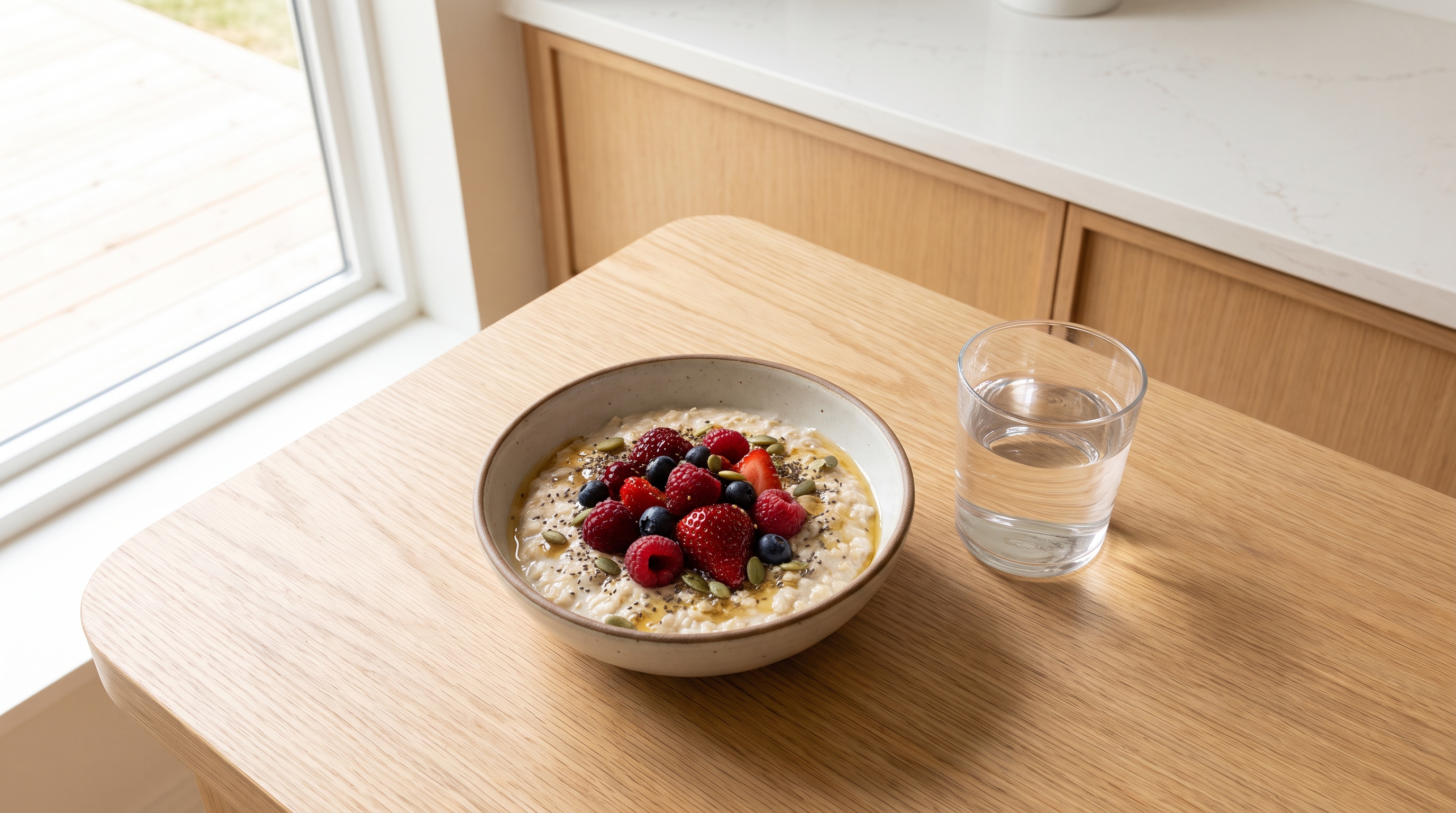 bowl of oats topped with berries and seeds on a kitchen table