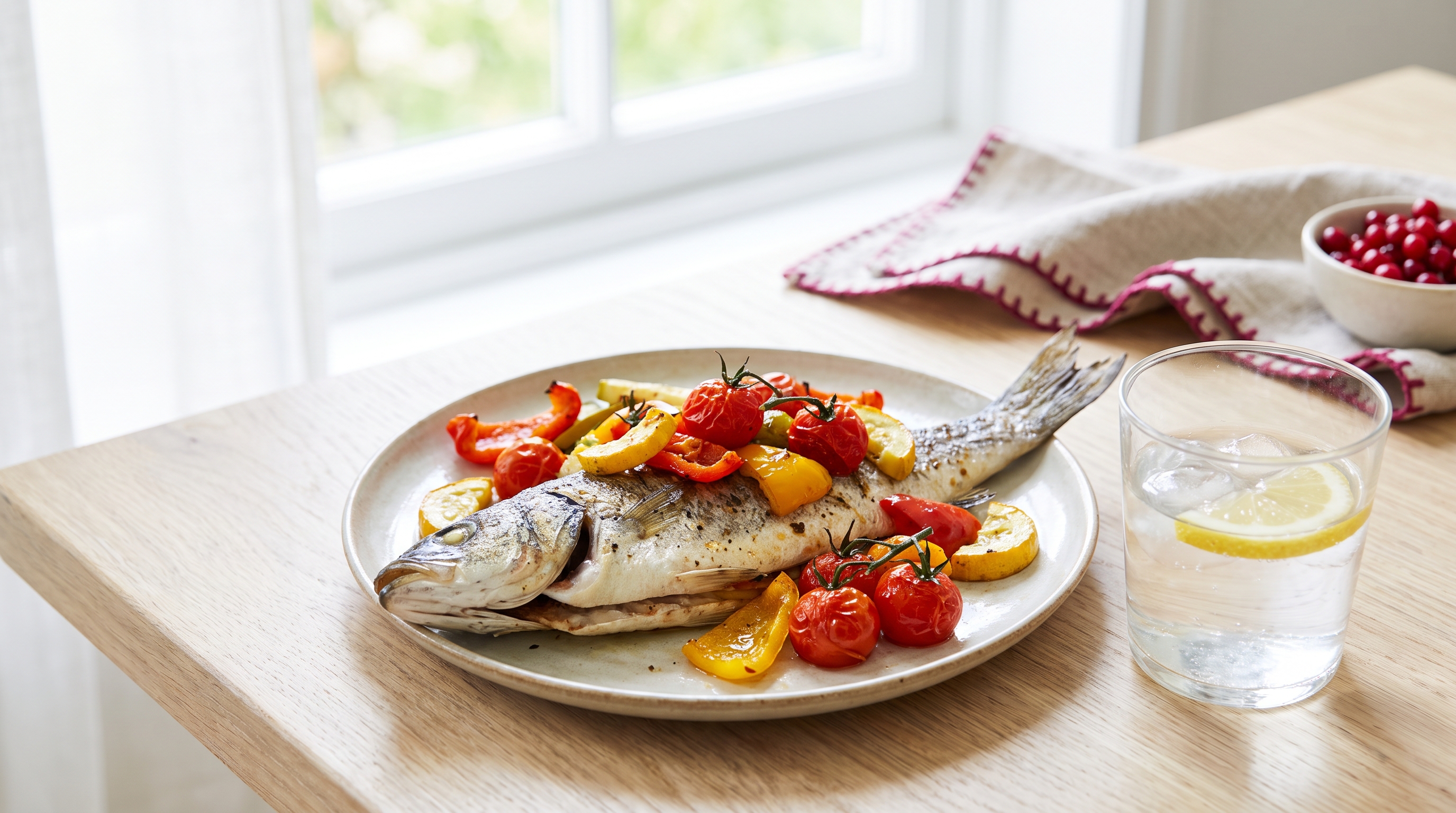 Grilled fish with roasted vegetables on a light wood table beside a glass of water