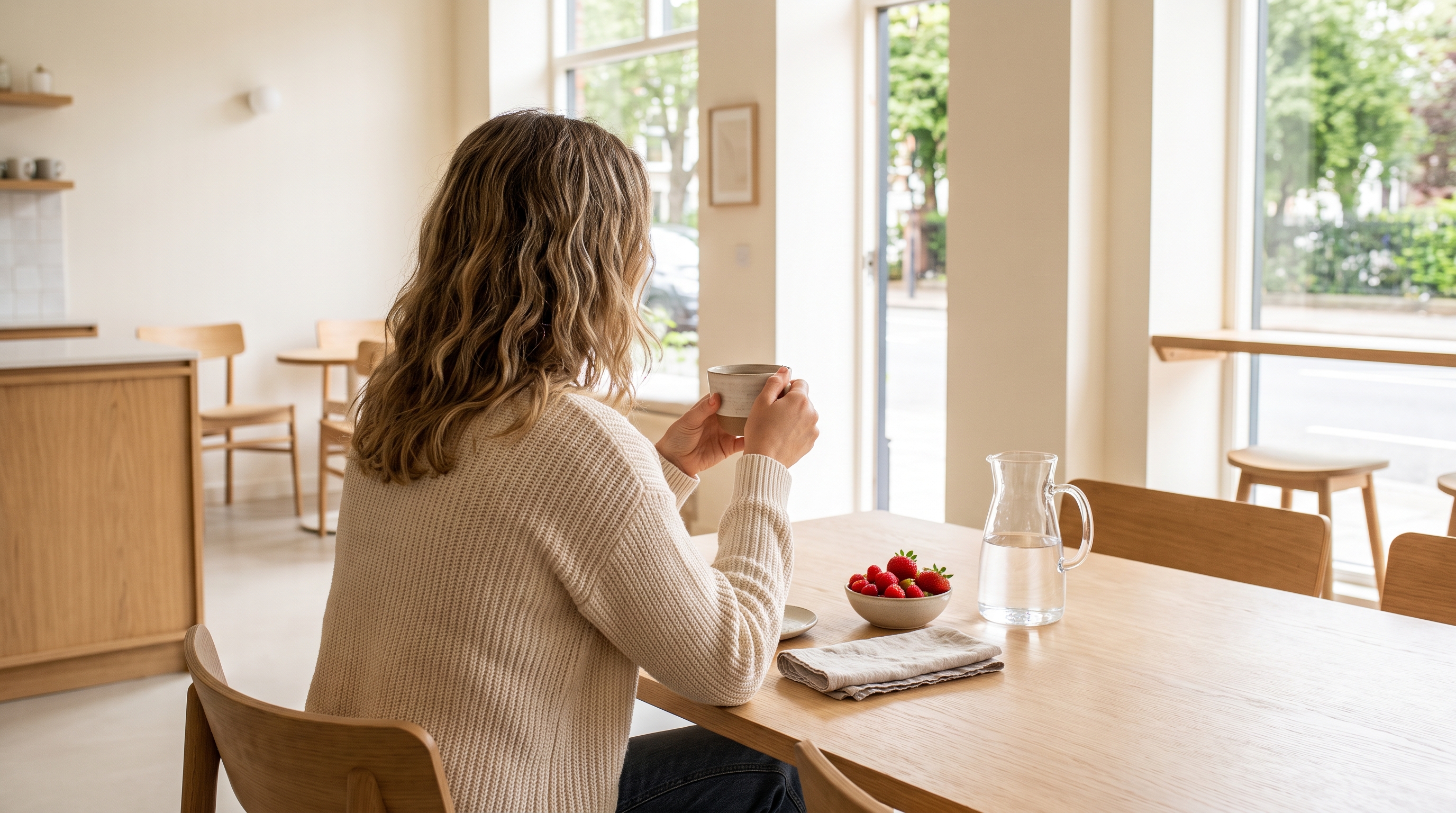 A woman in her 30s sitting at a light wood table with a cup of tea
