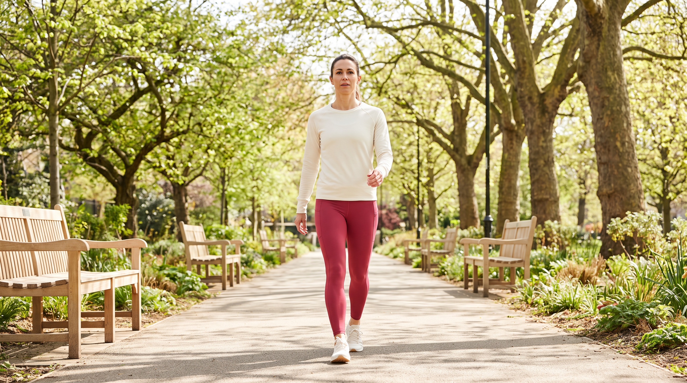woman walking briskly along a tree-lined park path