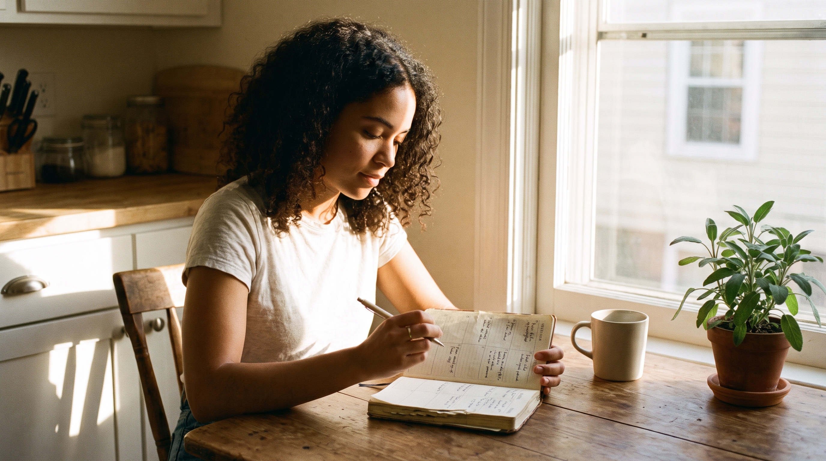 person checking off a handwritten weekly planner at a kitchen table
