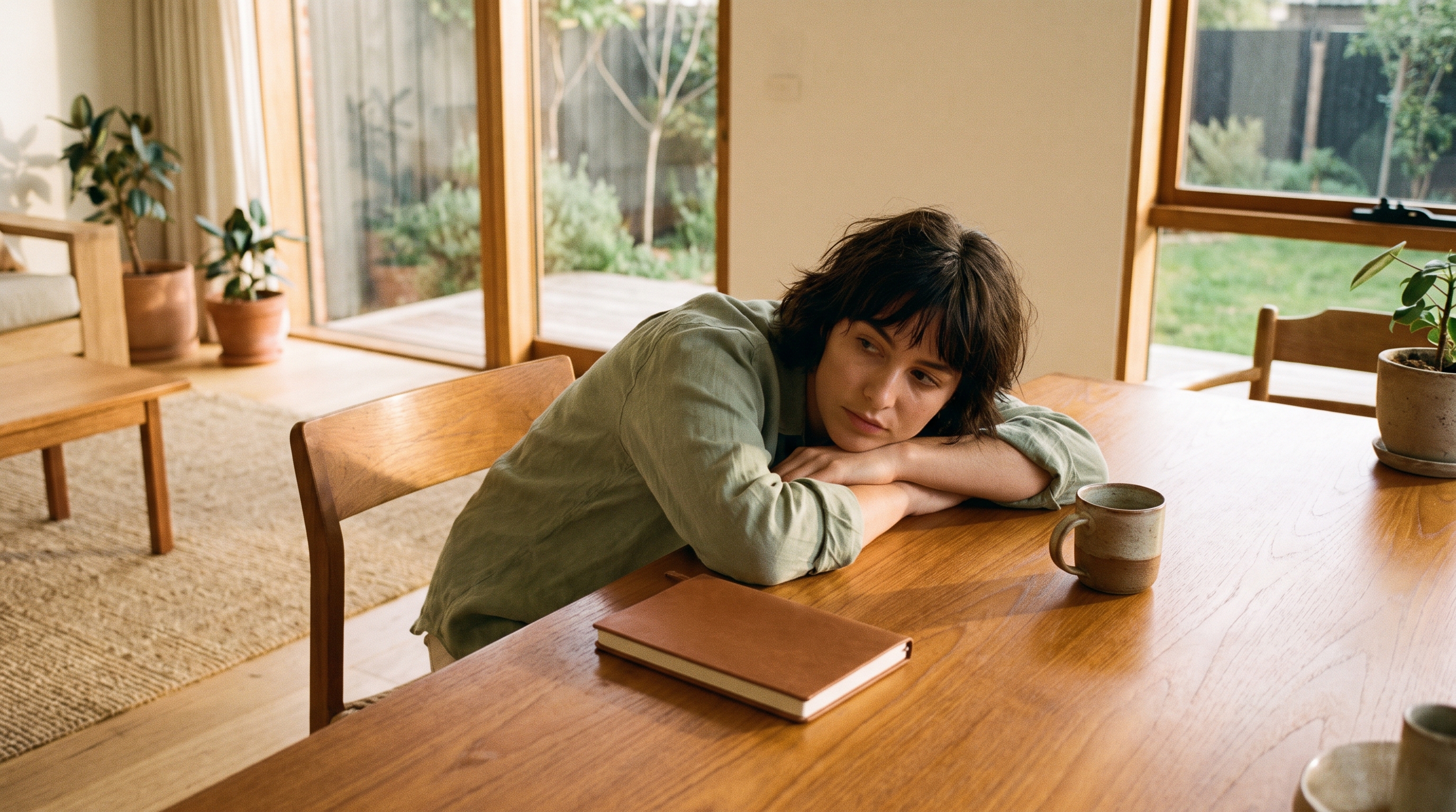 office worker resting head on desk near window in afternoon light