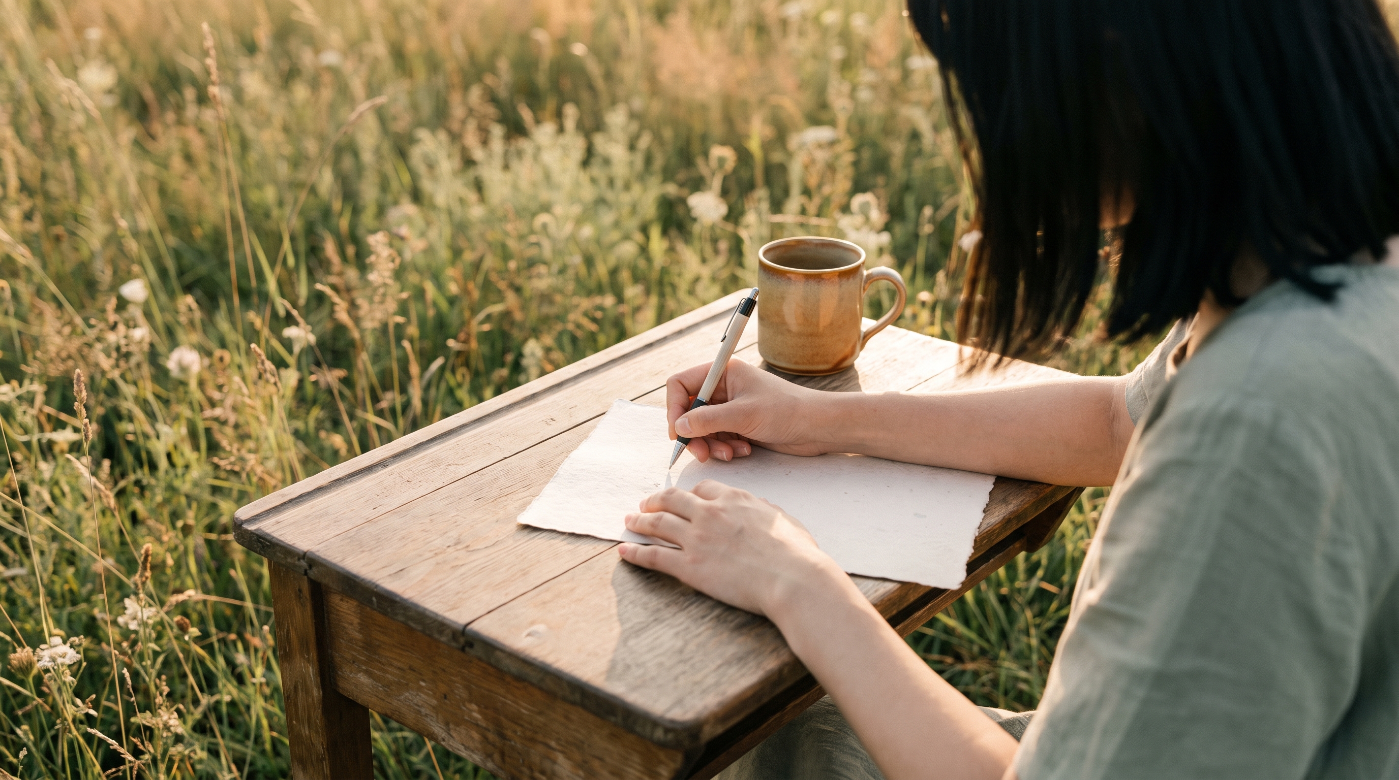 person writing a short to-do list in a notebook at a kitchen table