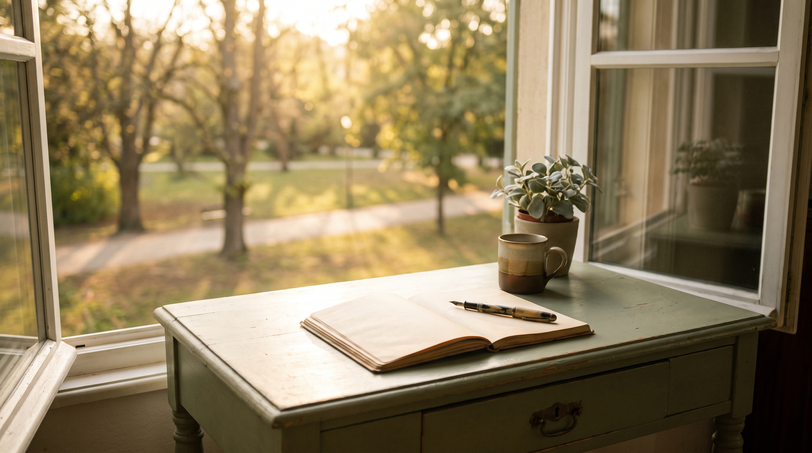 person writing in notebook at a quiet desk by a window