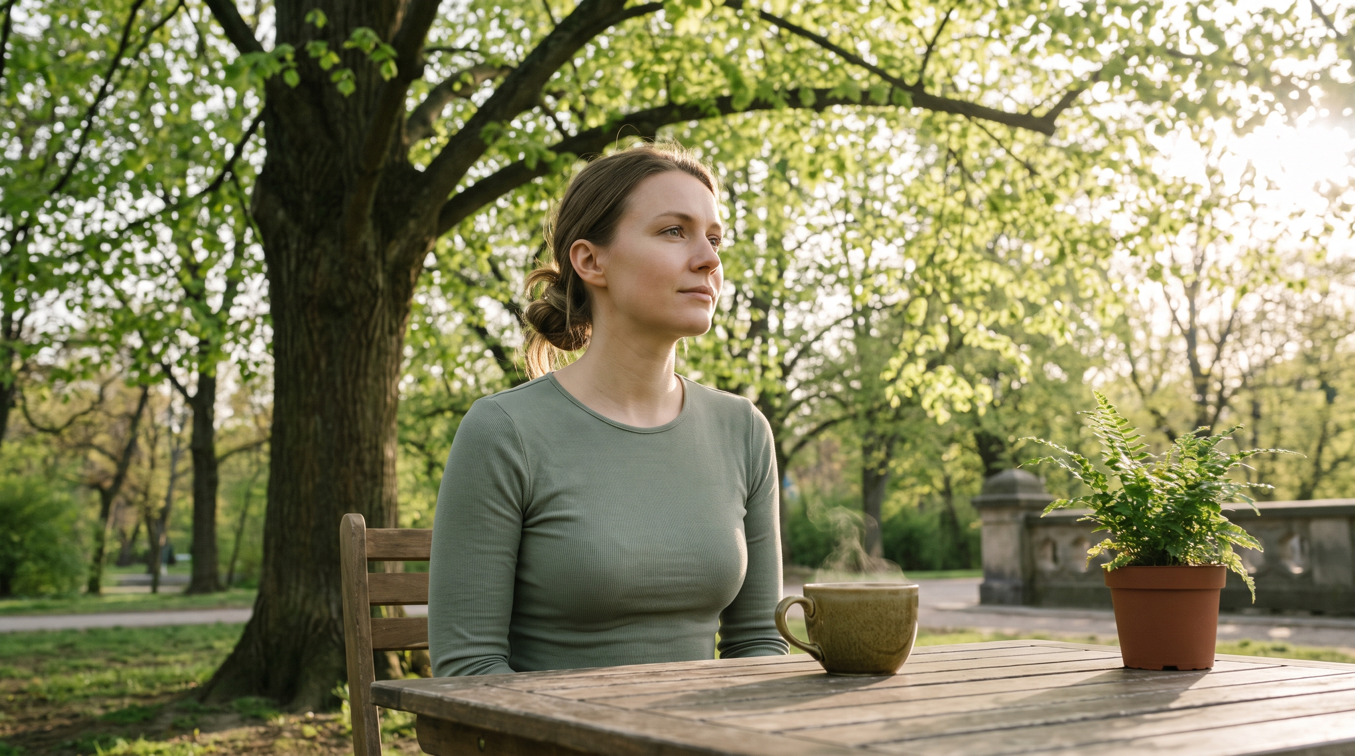 A calm young woman in her late 20s at a wooden desk by a window with a cup of coffee