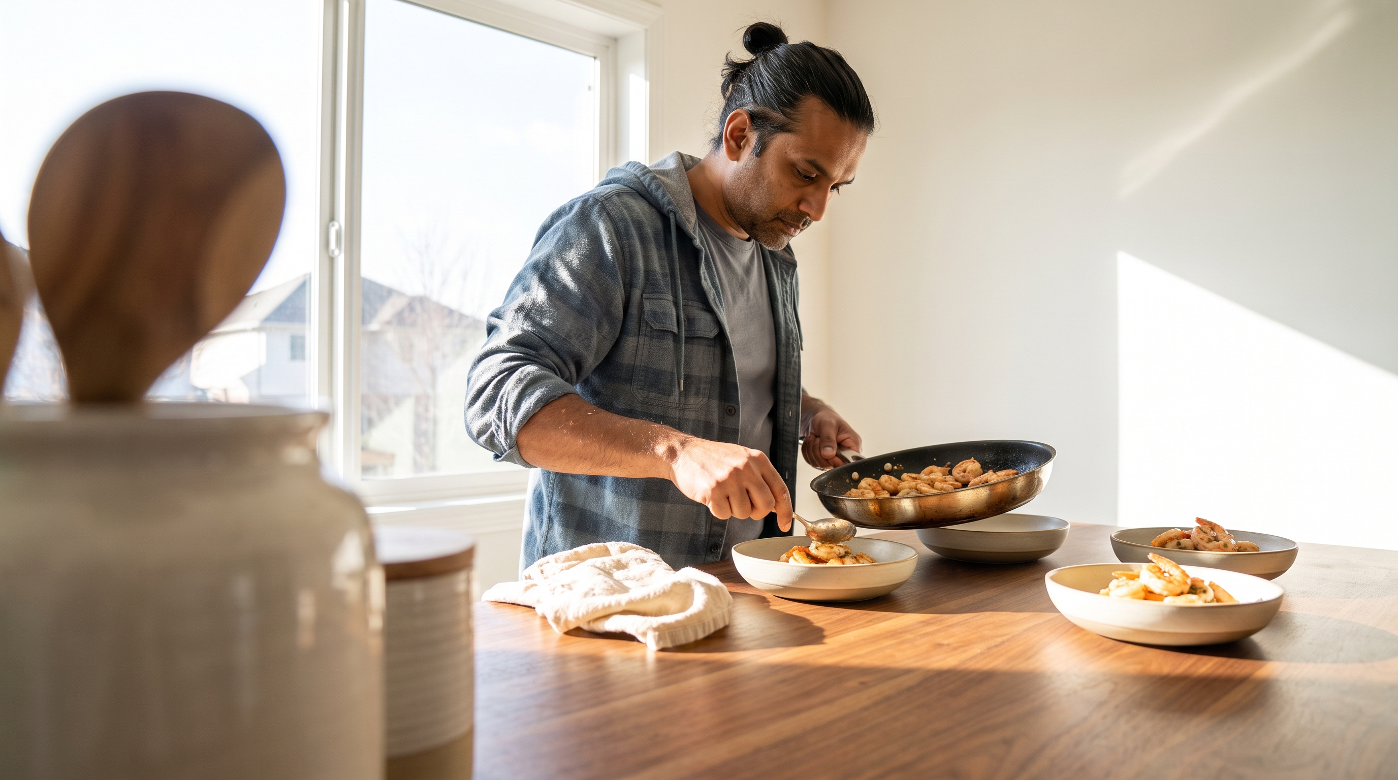 A man in his 40s in a casual flannel shirt cooking dinner in a warm wood kitchen
