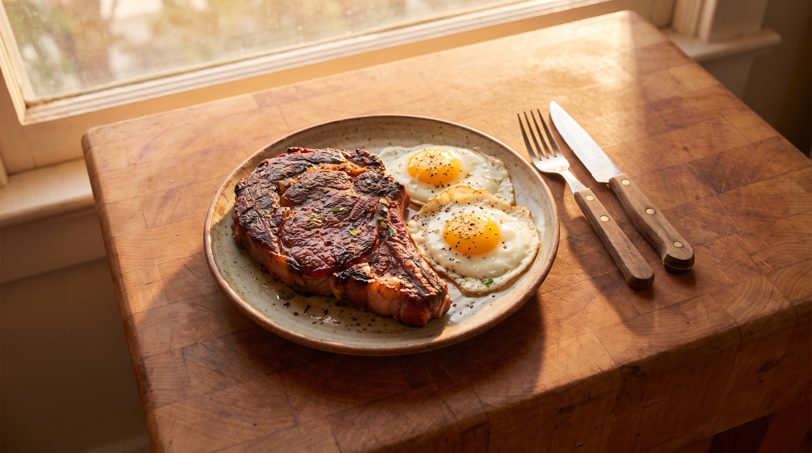plate of steak and eggs on kitchen counter