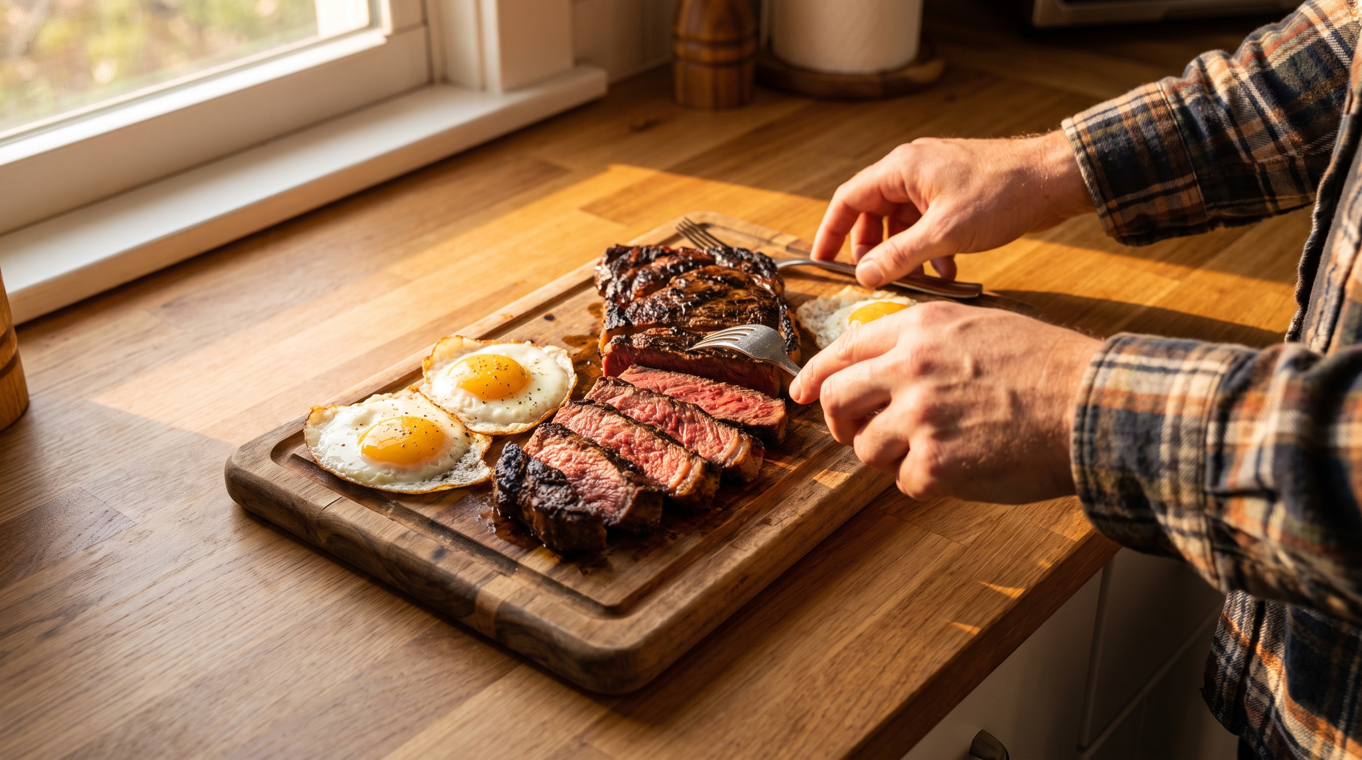 sliced grilled steak on a wooden board