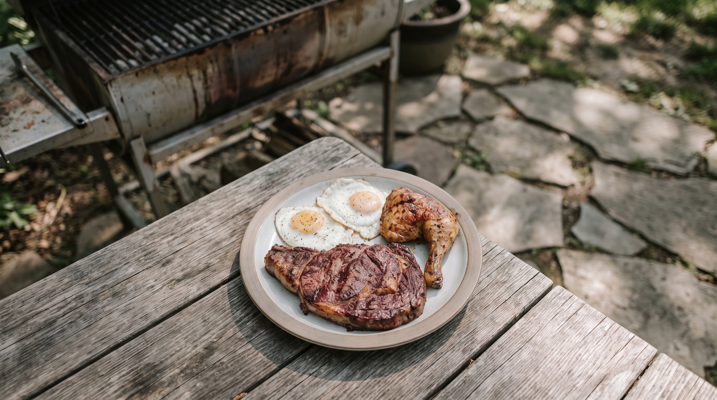 grilled steak eggs and chicken on a plate