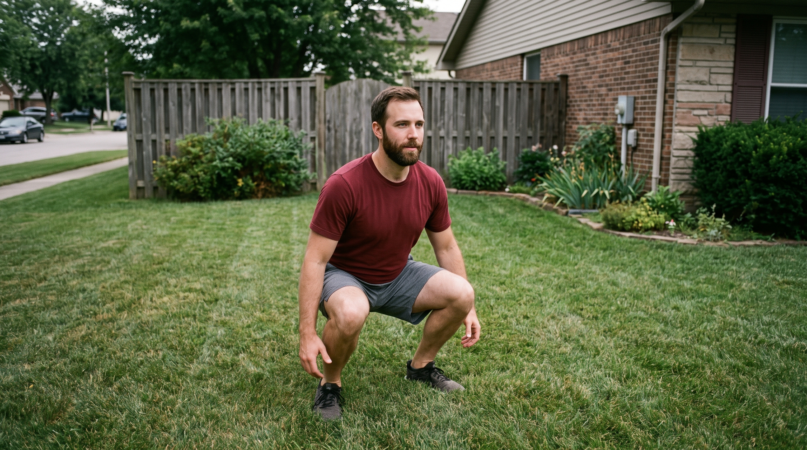 person doing bodyweight squats on a living room floor