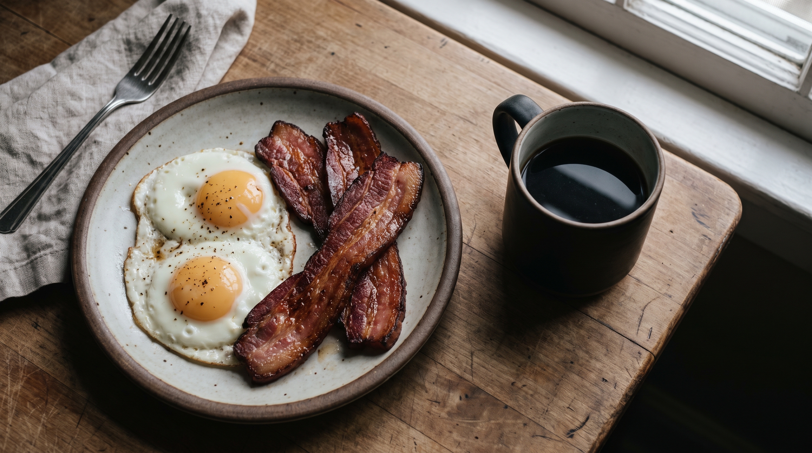 eggs and bacon on a plate at breakfast