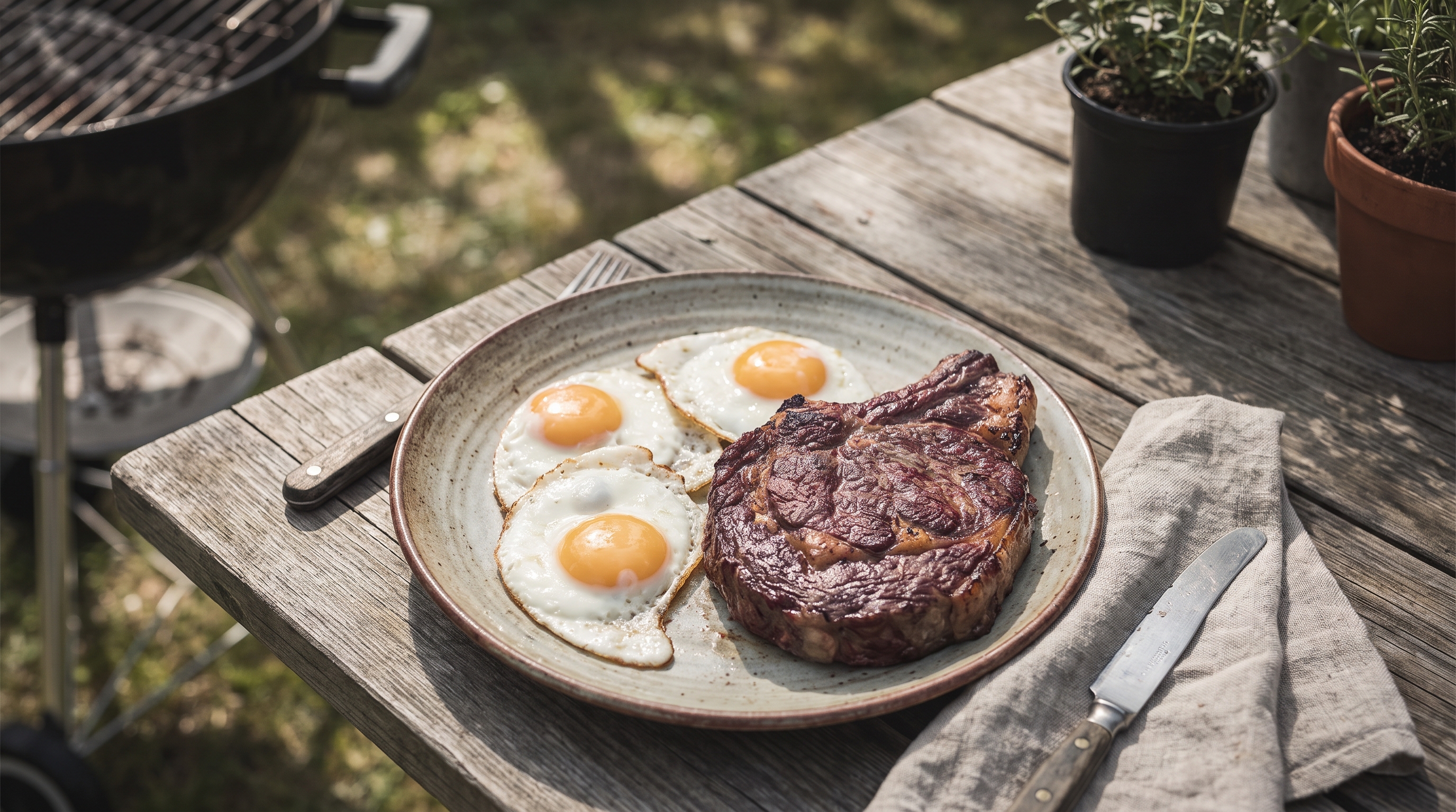 grilled steak and eggs plated on a wooden table