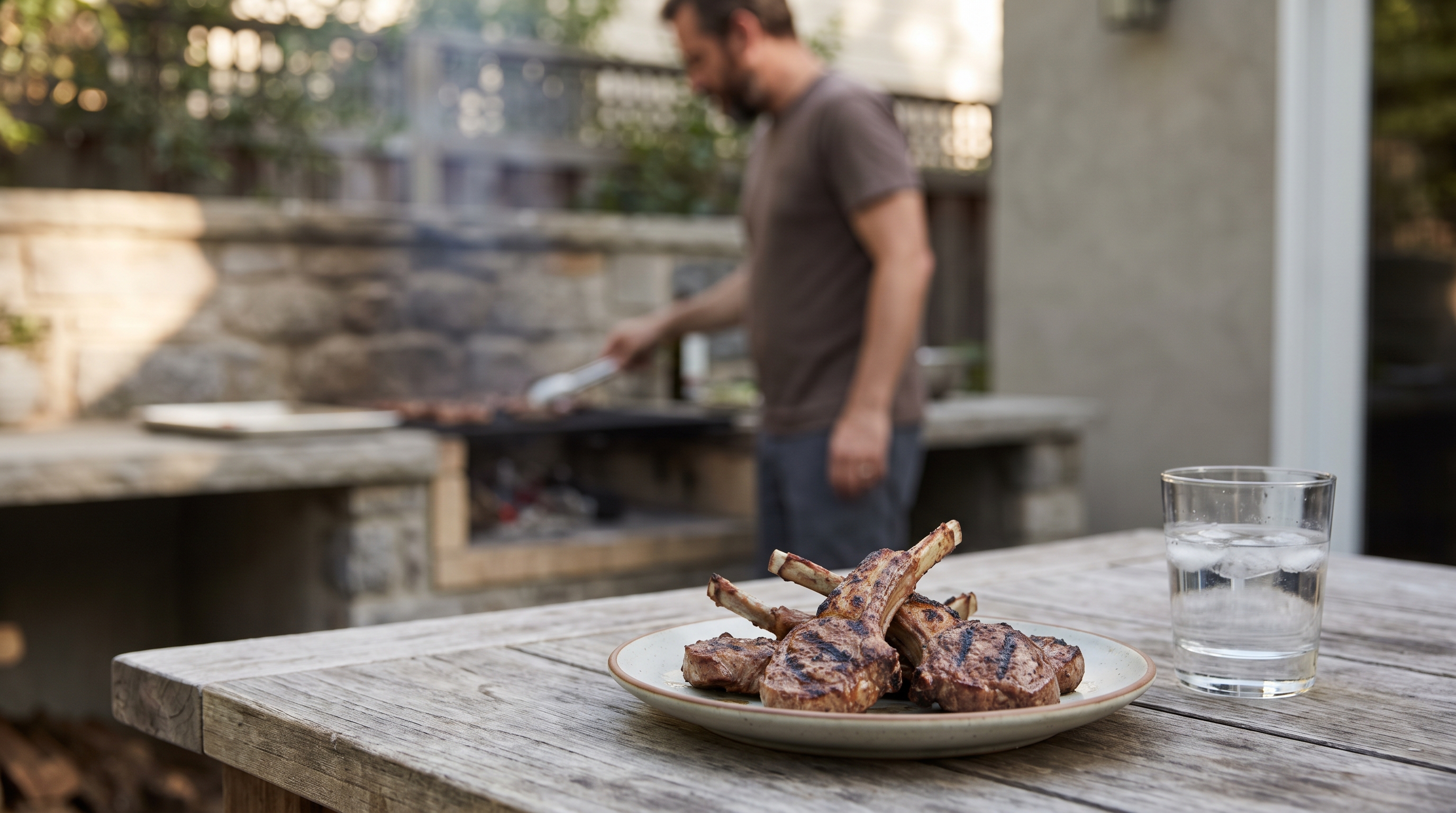 Grilled lamb chops on a backyard wooden table beside a glass of water