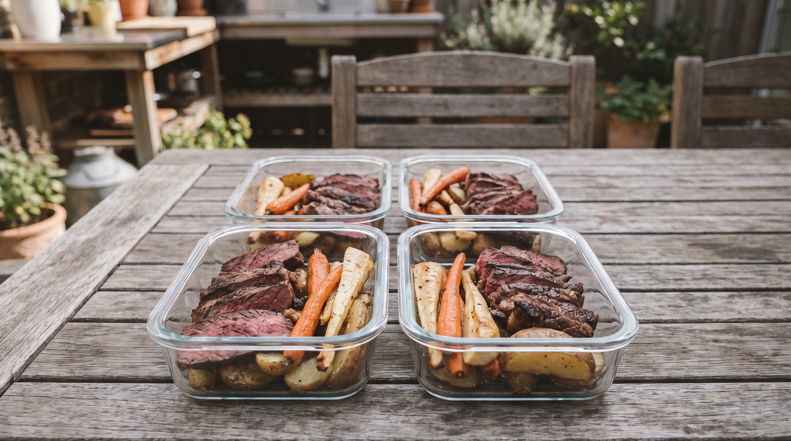 Meal prep containers lined up with cooked meat and vegetables on a kitchen counter