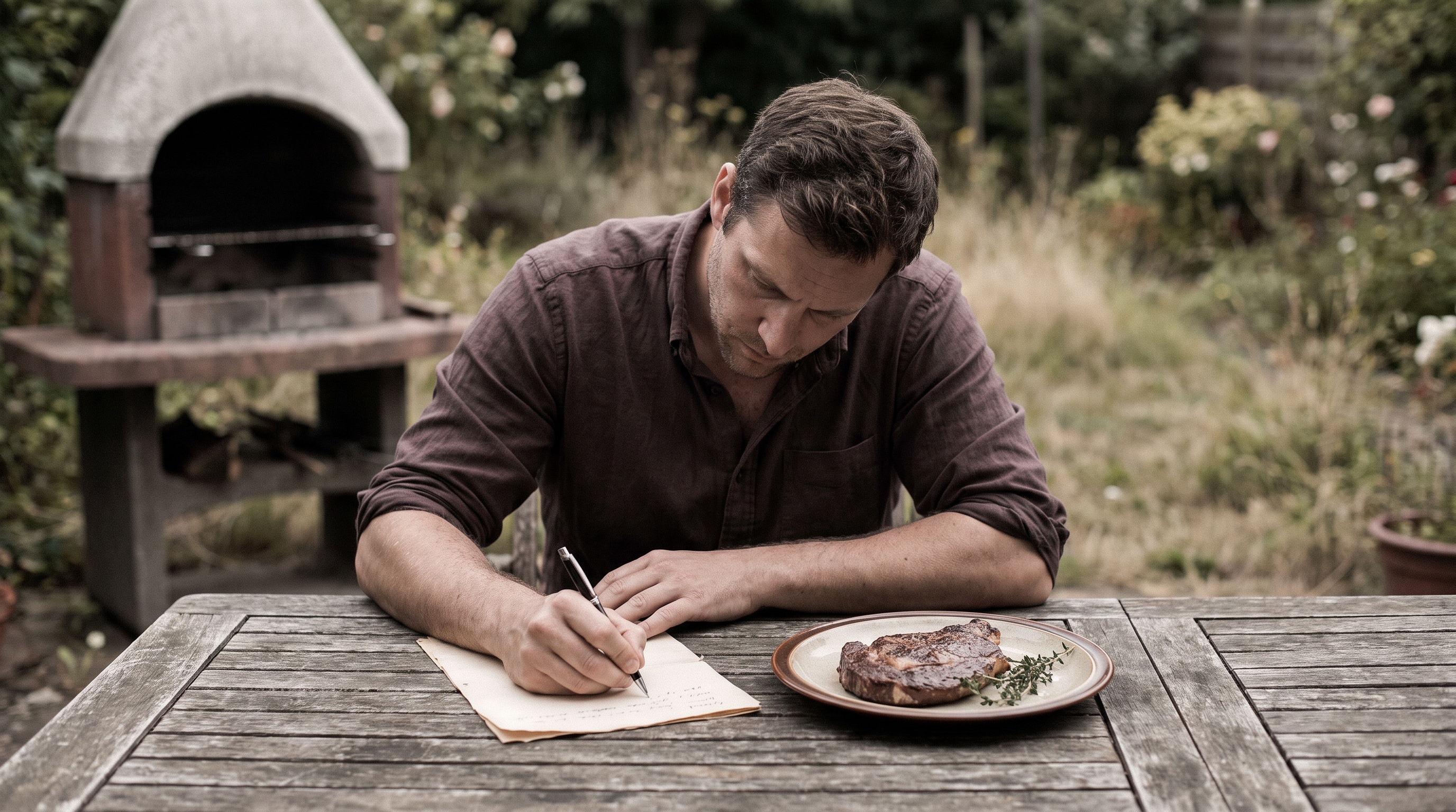 person writing a food log next to a plate of meat