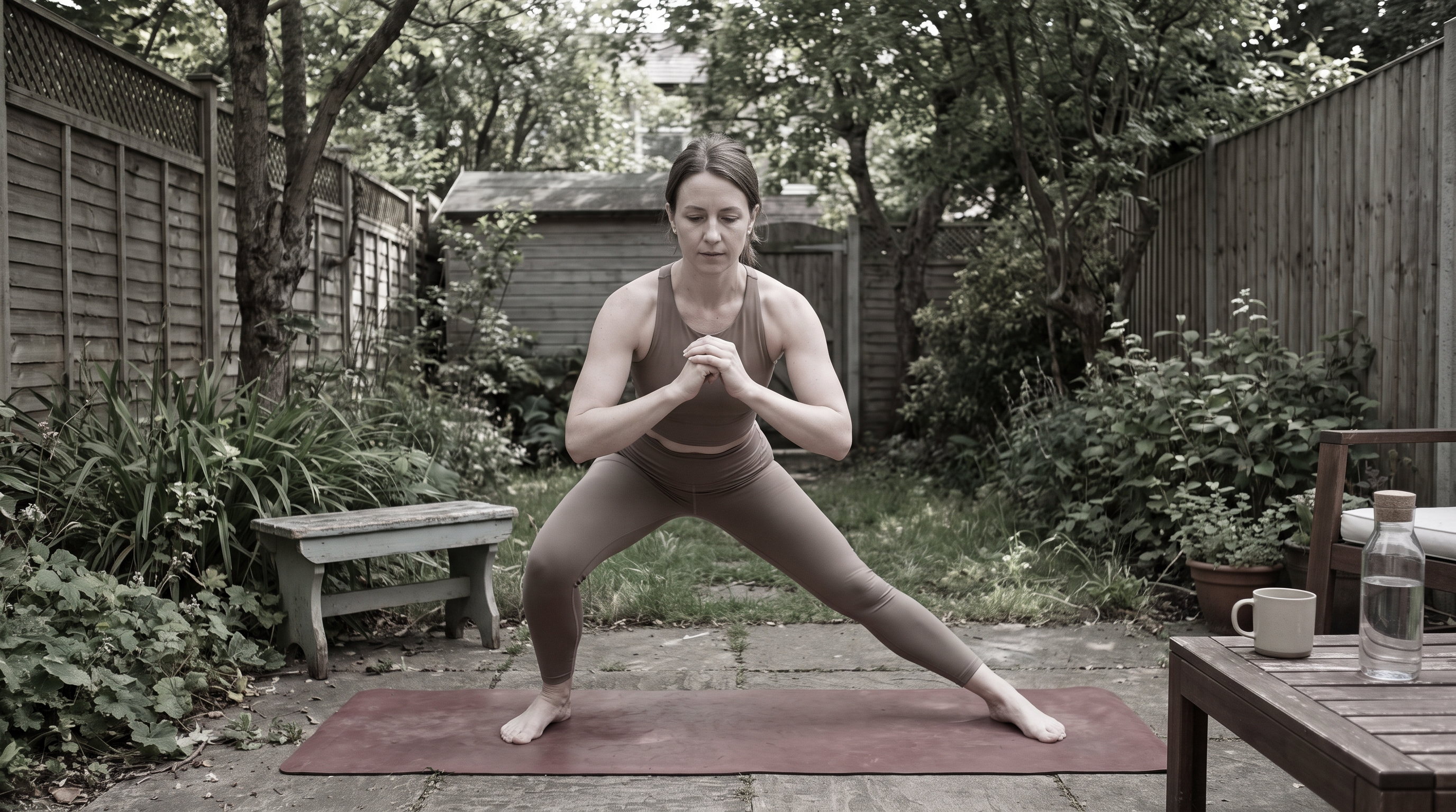 woman doing a standing low impact workout on a yoga mat