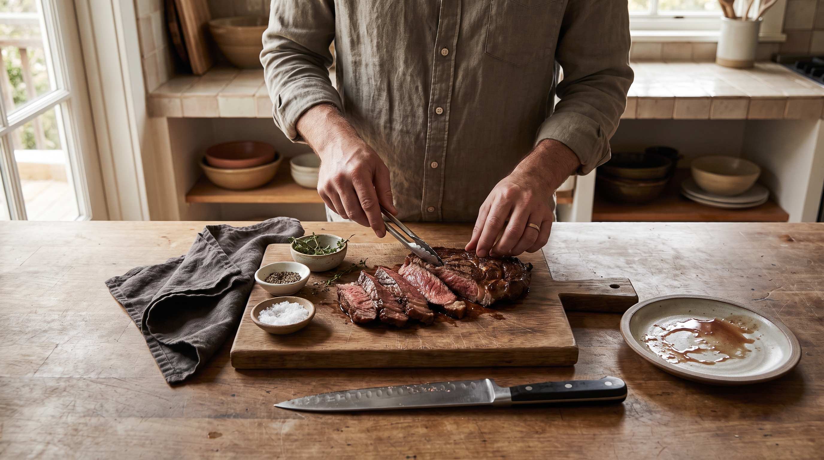 A man in his late 30s plating a sliced grilled steak on a board in a warm home kitchen