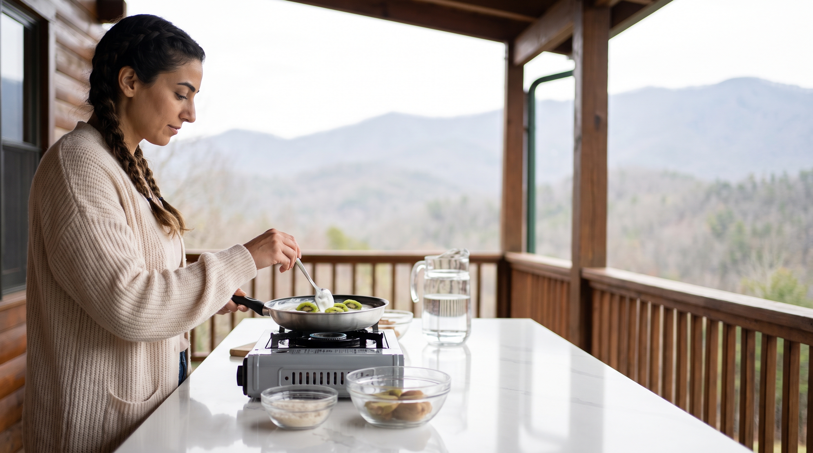 A calm woman in her 30s in a cozy knit eating a fresh green salad bowl at a window table with a mountain view