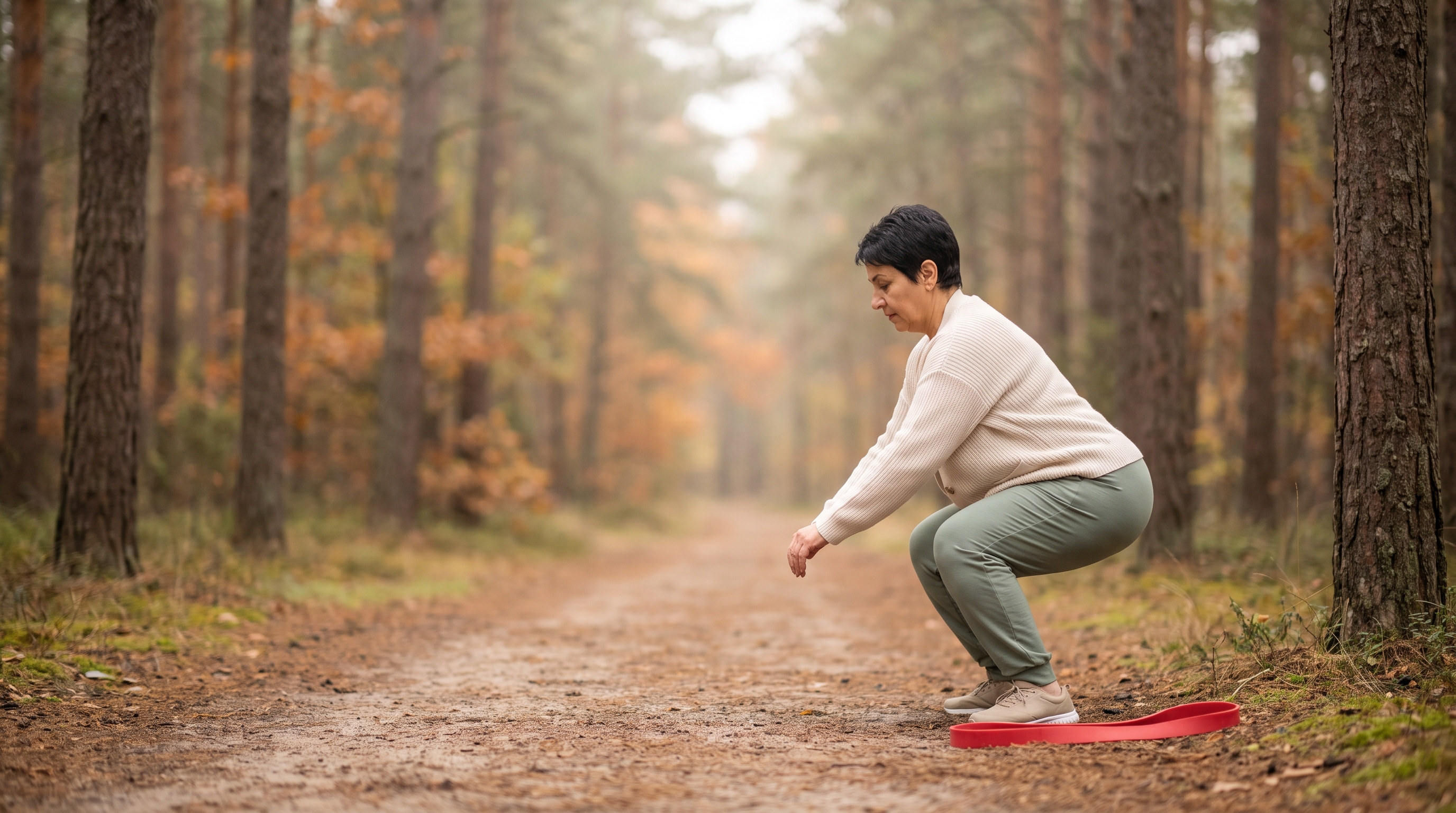 person doing a bodyweight squat in a bright kitchen