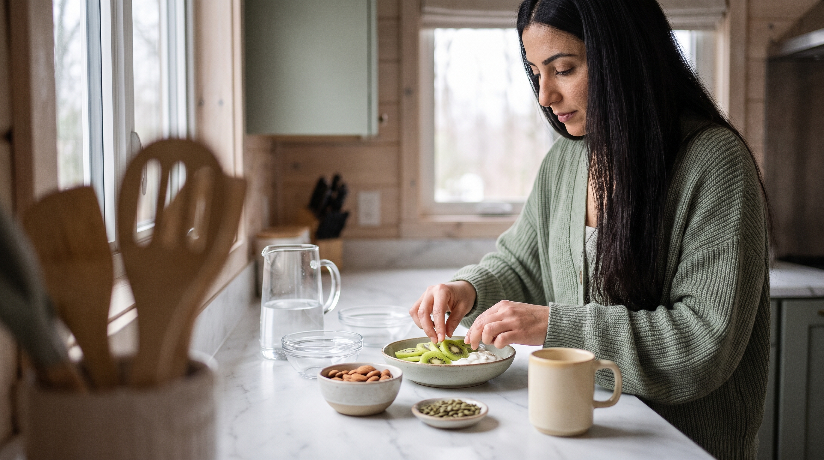 assorted nuts seeds and leafy greens on a wooden table
