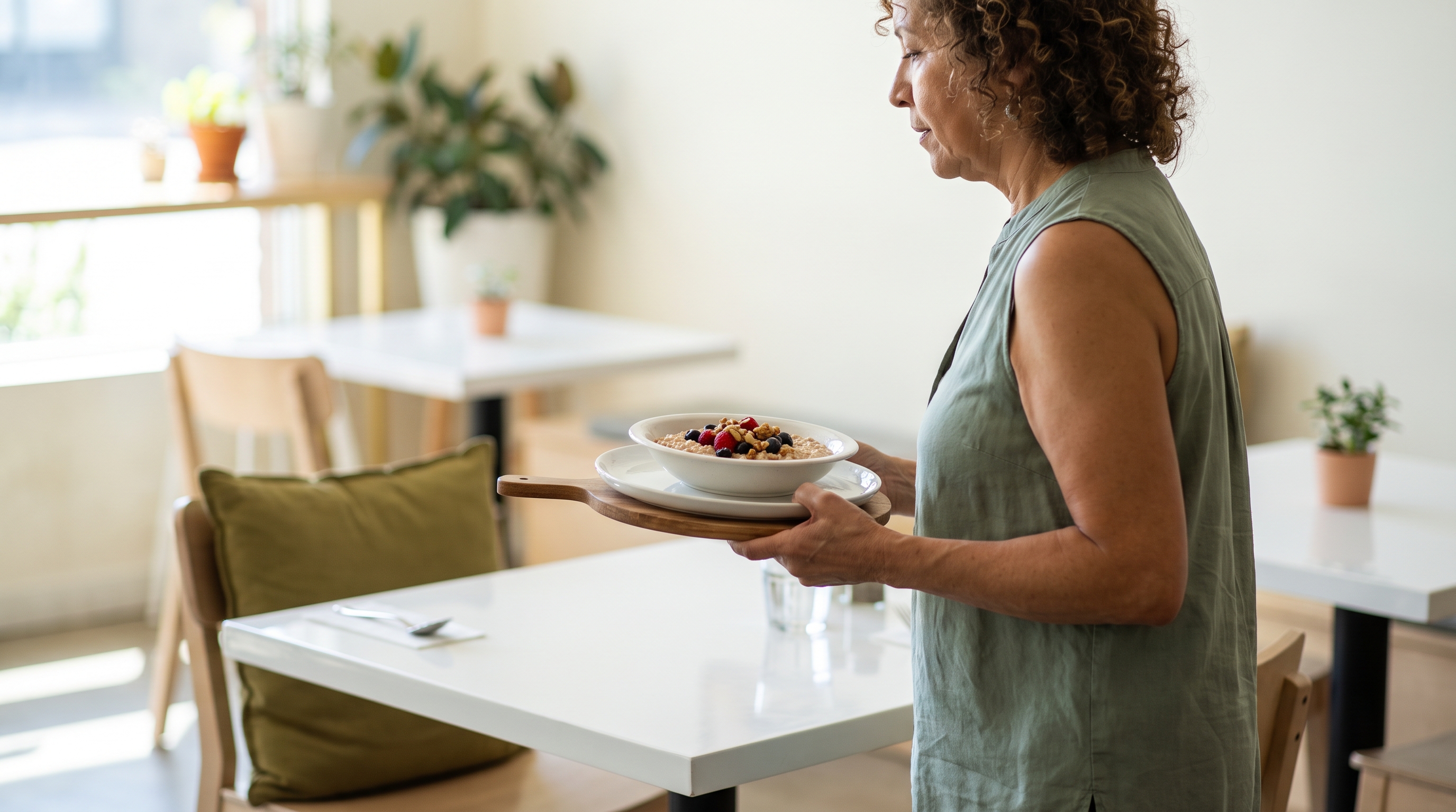 bowl of oats with berries and nuts on a kitchen counter