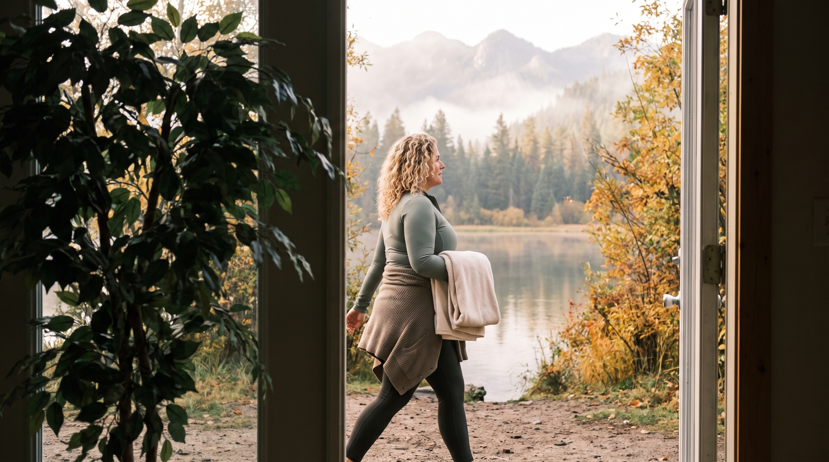 person walking along a tree-lined path in the early evening