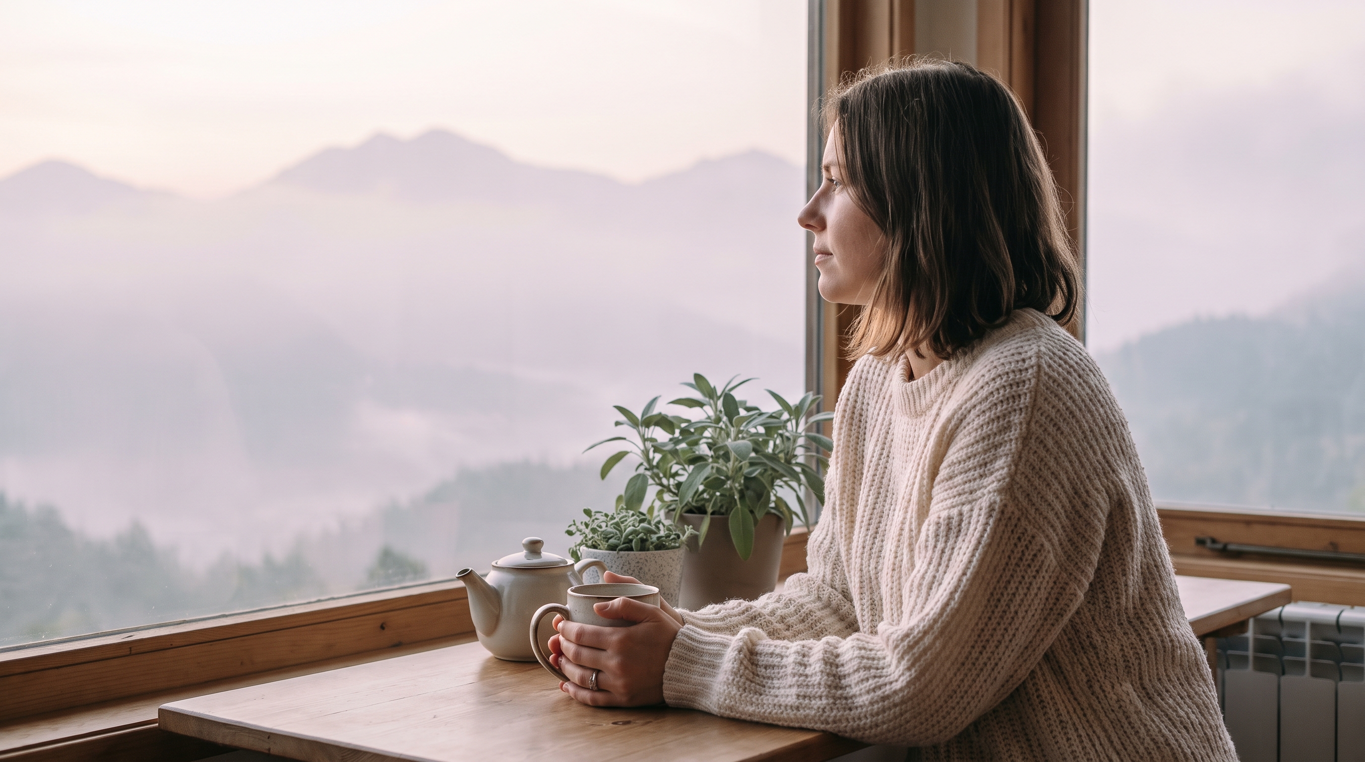 A calm woman in her 30s in a cozy knit sitting at a window table with a mountain view with a cup of tea