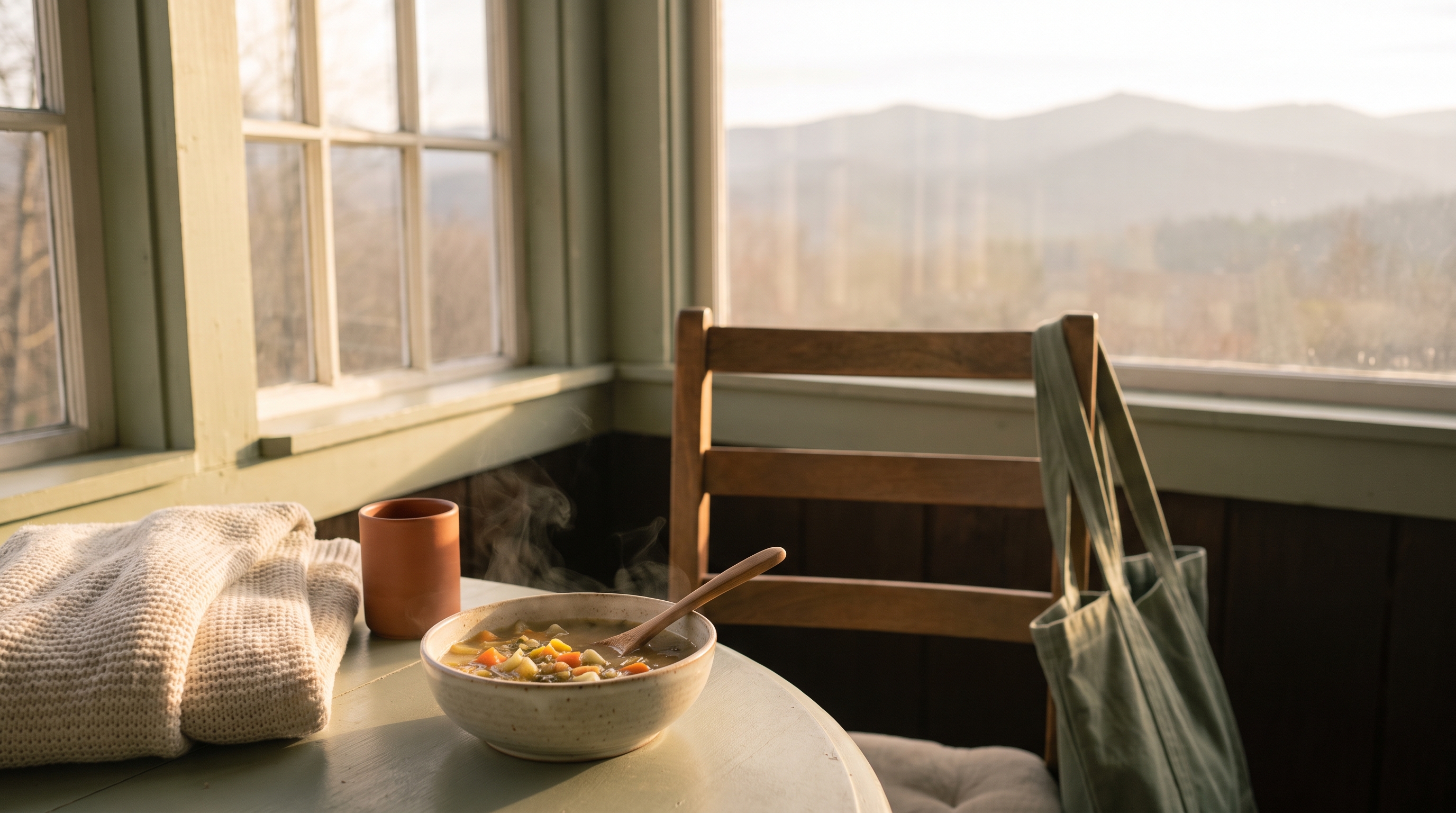A calm woman in her 30s in a cozy knit enjoying a warm vegetable soup at a window table with a mountain view
