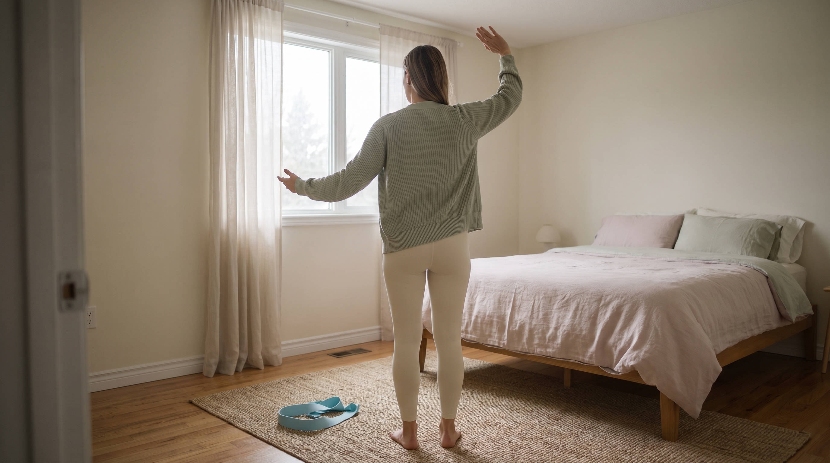 person doing a short qigong breathing sequence in a home kitchen